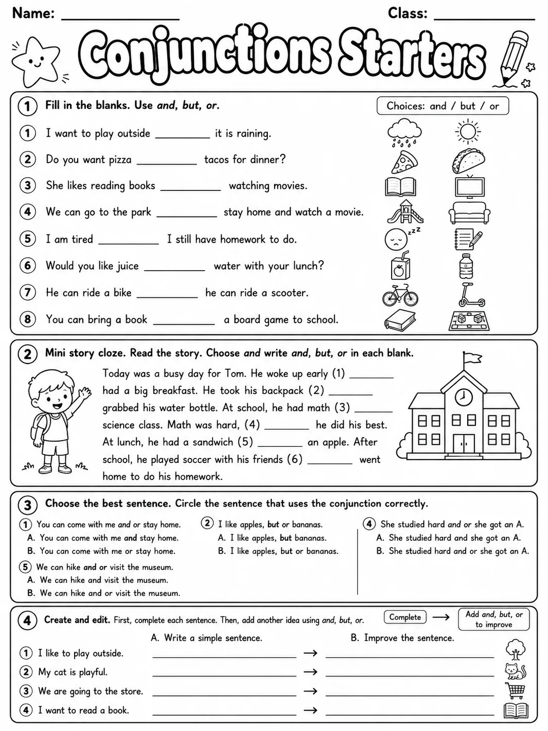 Conjunctions Starters Vocabulary Worksheet Pack - Set 2 page 9 printable worksheet preview