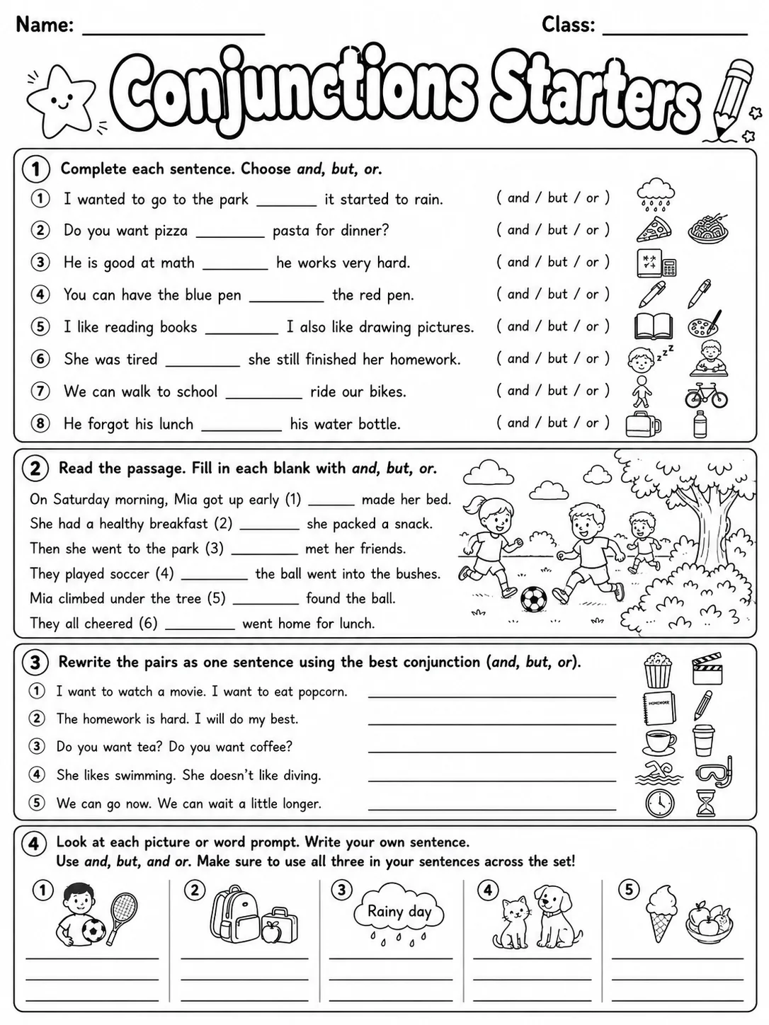 Conjunctions Starters Vocabulary Worksheet Pack - Set 2 page 10 printable worksheet preview