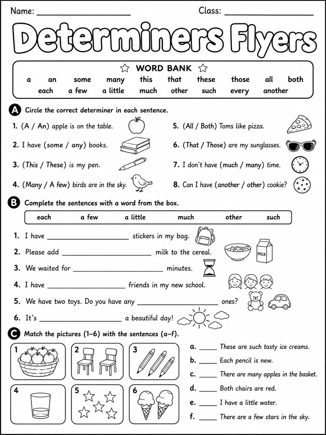 Determiners Flyers Vocabulary Worksheet Pack printable Flyers English worksheet bundle preview from KiwiBee