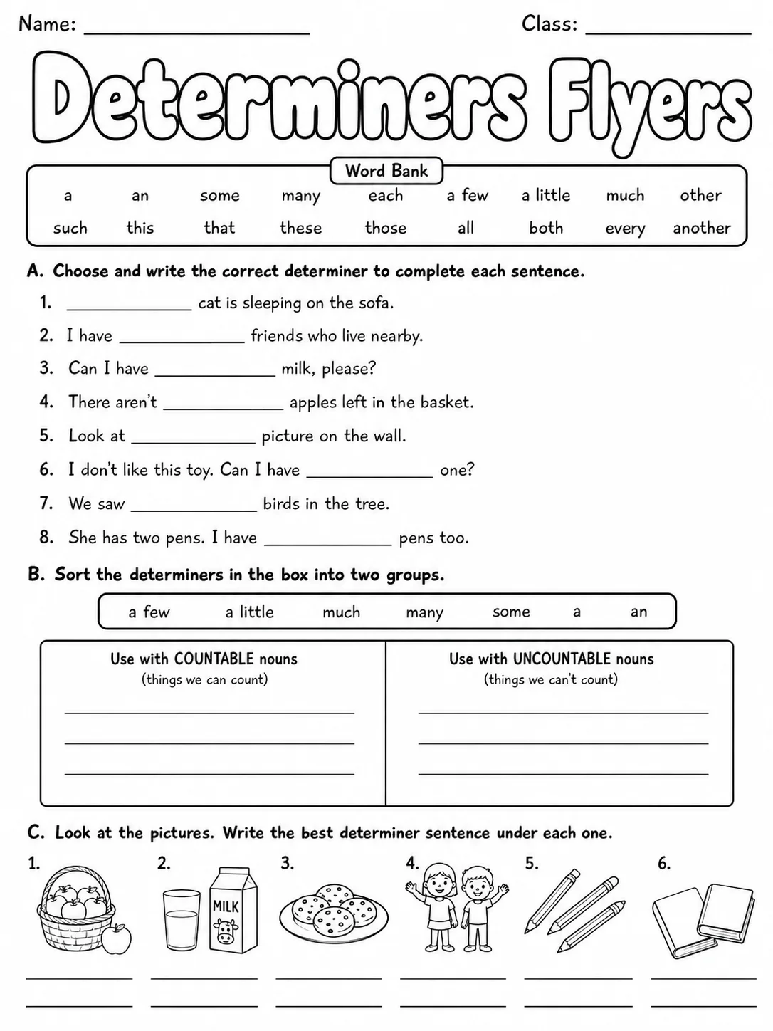 Determiners Flyers Vocabulary Worksheet Pack page 2 printable worksheet preview