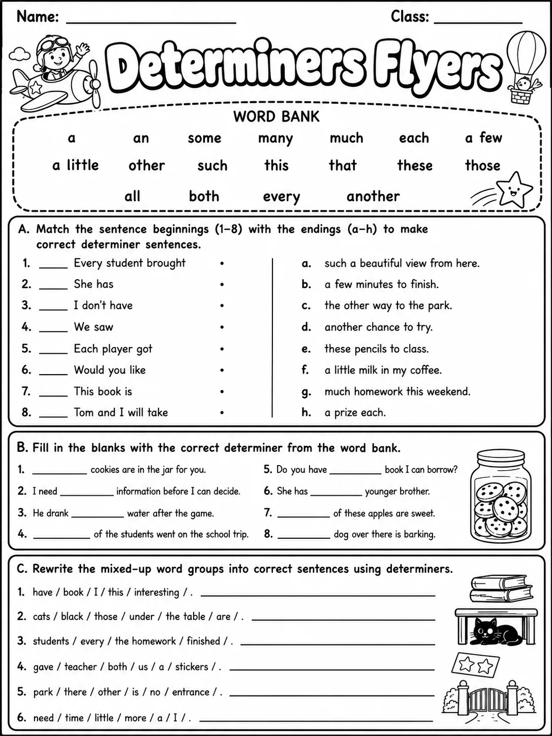 Determiners Flyers Vocabulary Worksheet Pack page 3 printable worksheet preview