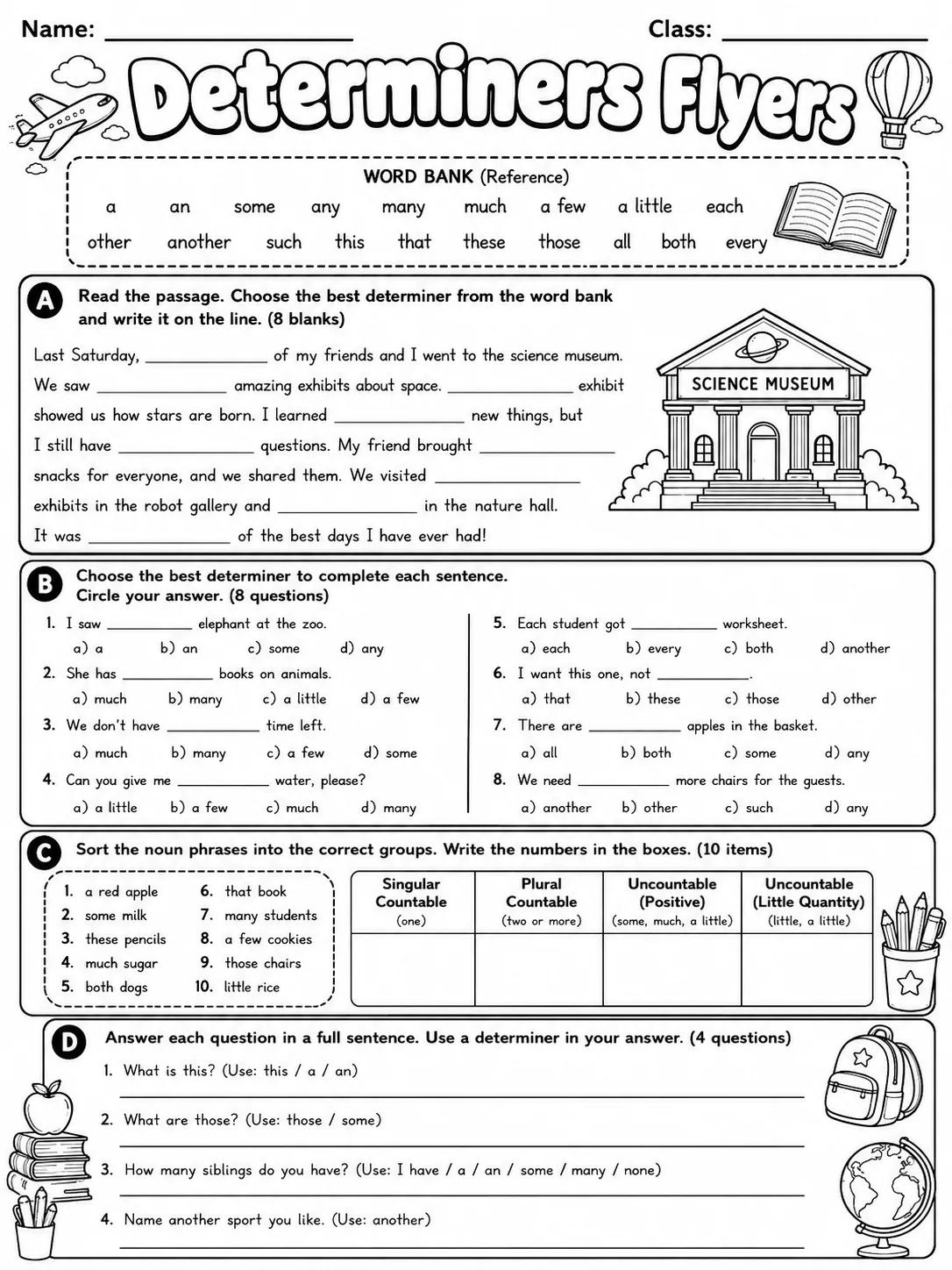Determiners Flyers Vocabulary Worksheet Pack page 6 printable worksheet preview