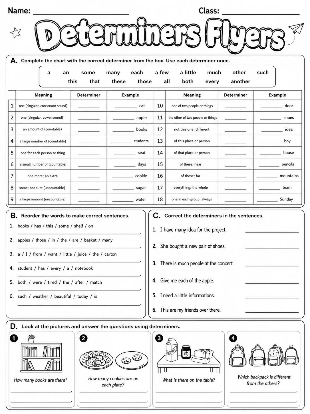 Determiners Flyers Vocabulary Worksheet Pack page 7 printable worksheet preview