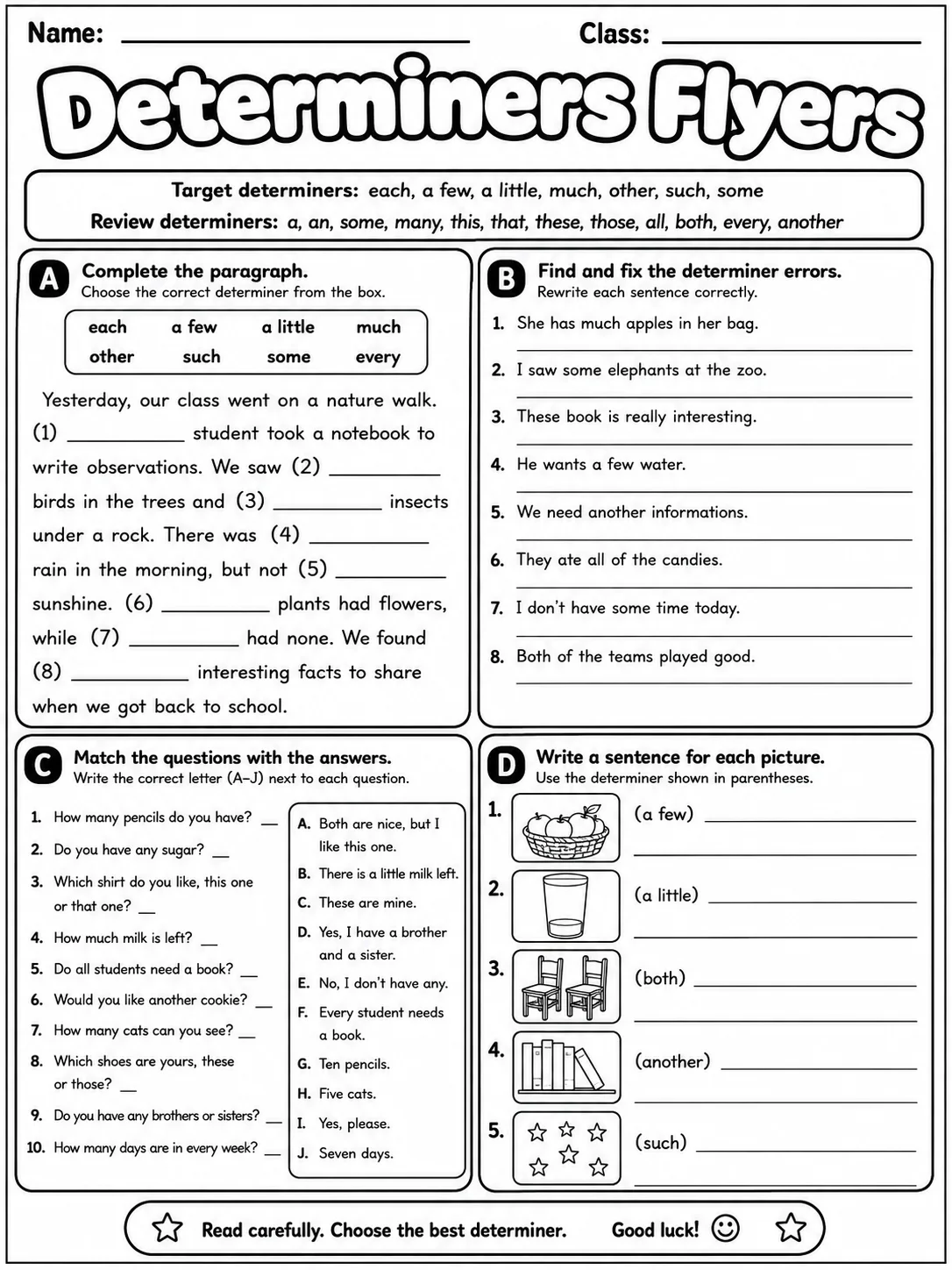 Determiners Flyers Vocabulary Worksheet Pack page 9 printable worksheet preview
