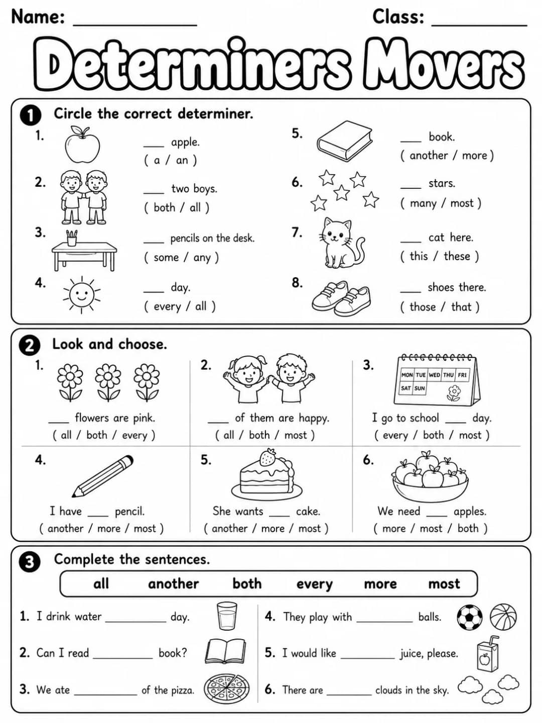 Determiners Movers Vocabulary Worksheet Pack printable Movers English worksheet pack preview from KiwiBee
