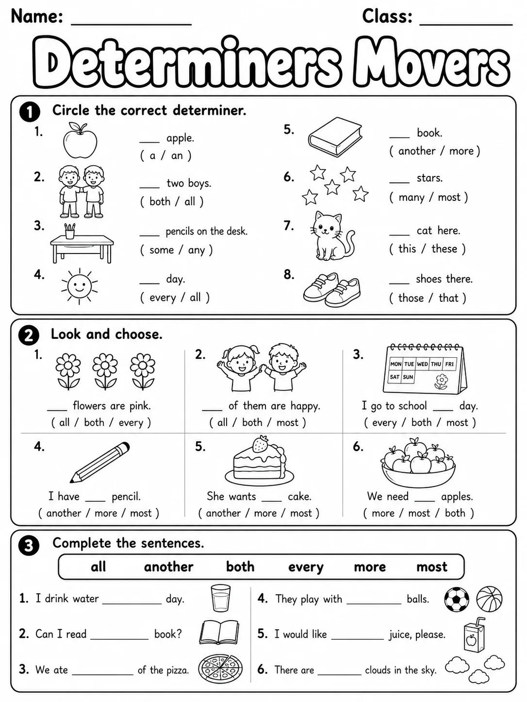 Determiners Movers Vocabulary Worksheet Pack printable Movers English worksheet bundle preview from KiwiBee