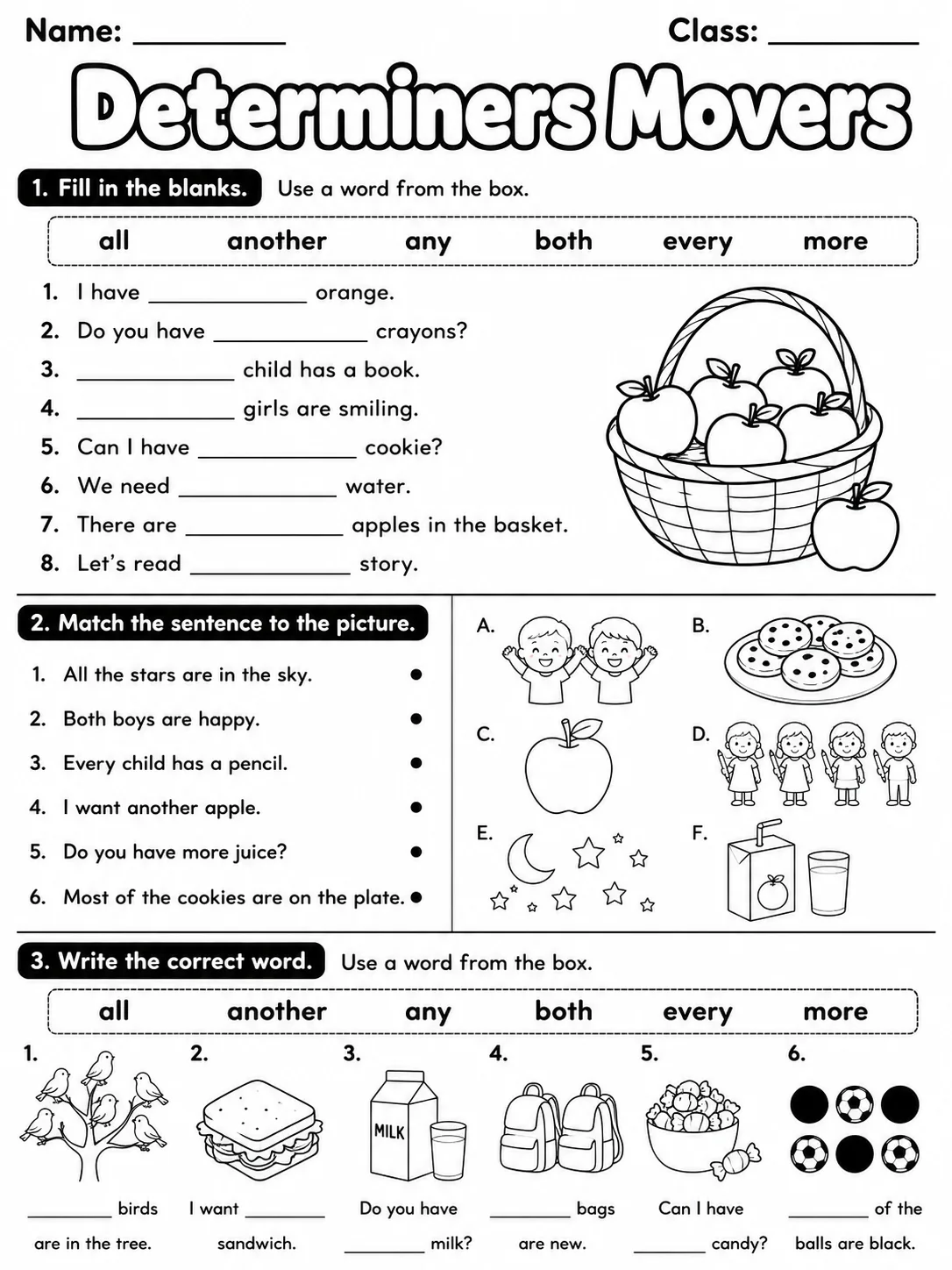 Determiners Movers Vocabulary Worksheet Pack page 2 printable worksheet preview