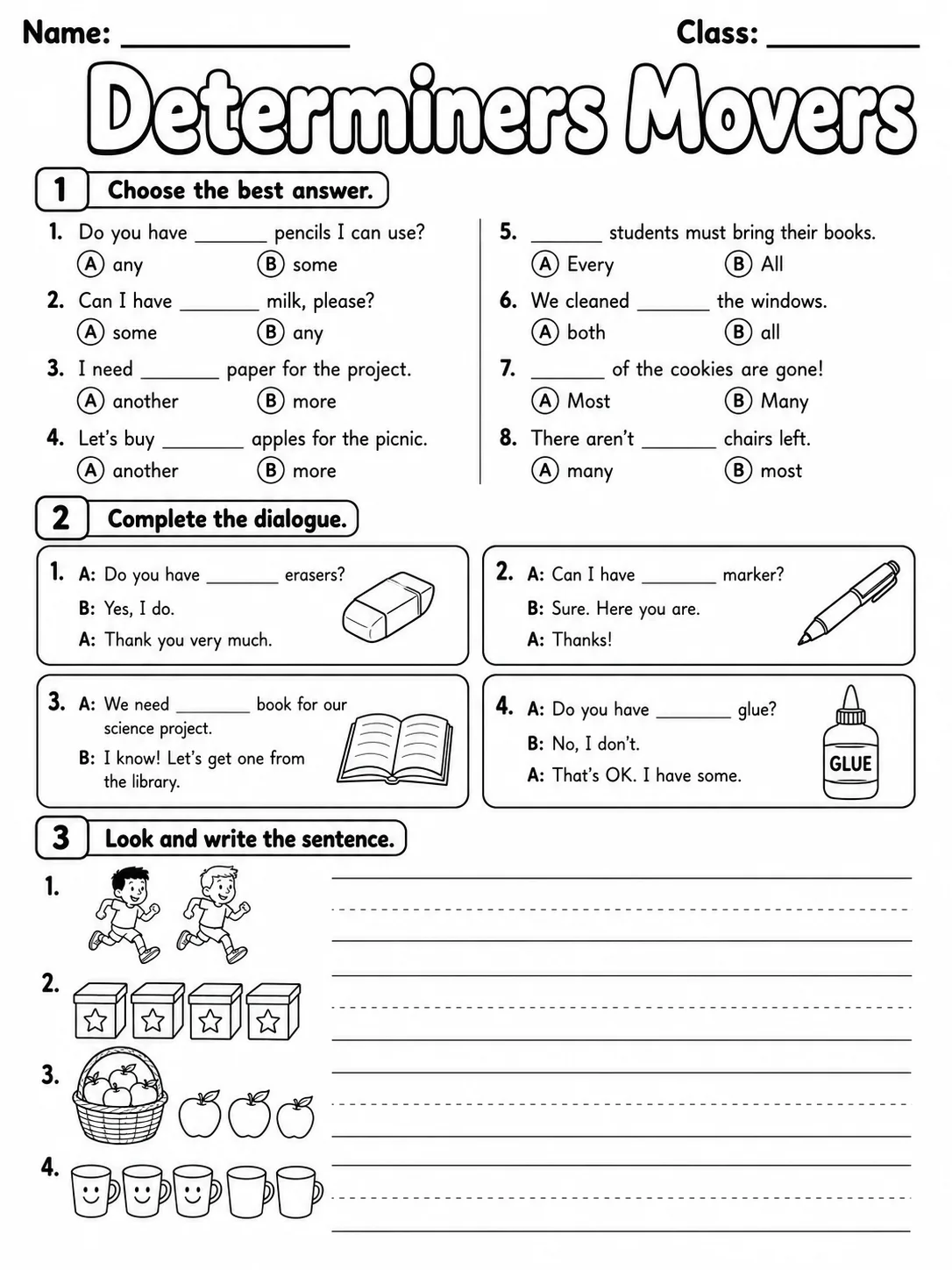 Determiners Movers Vocabulary Worksheet Pack page 3 printable worksheet preview
