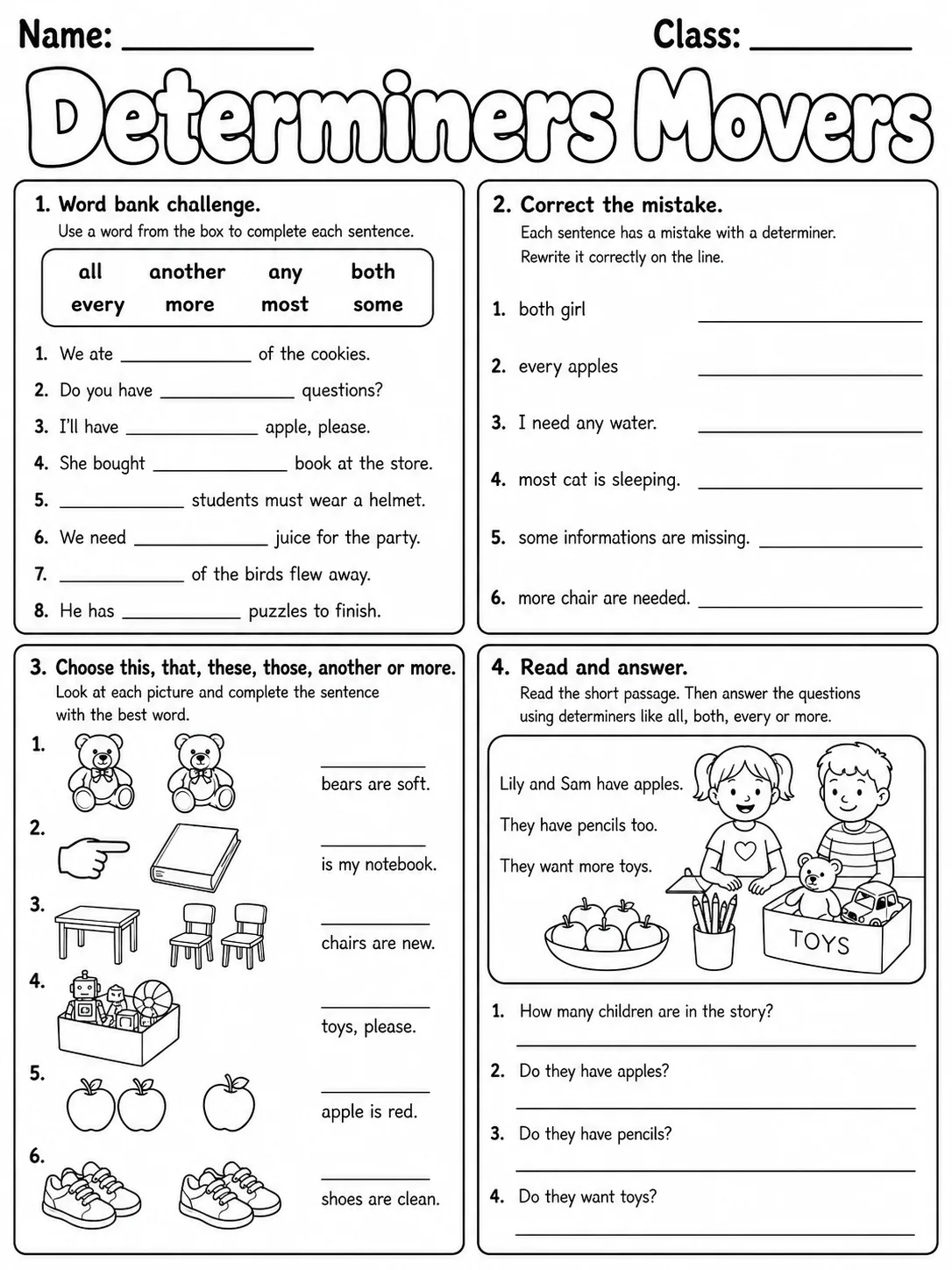 Determiners Movers Vocabulary Worksheet Pack page 4 printable worksheet preview