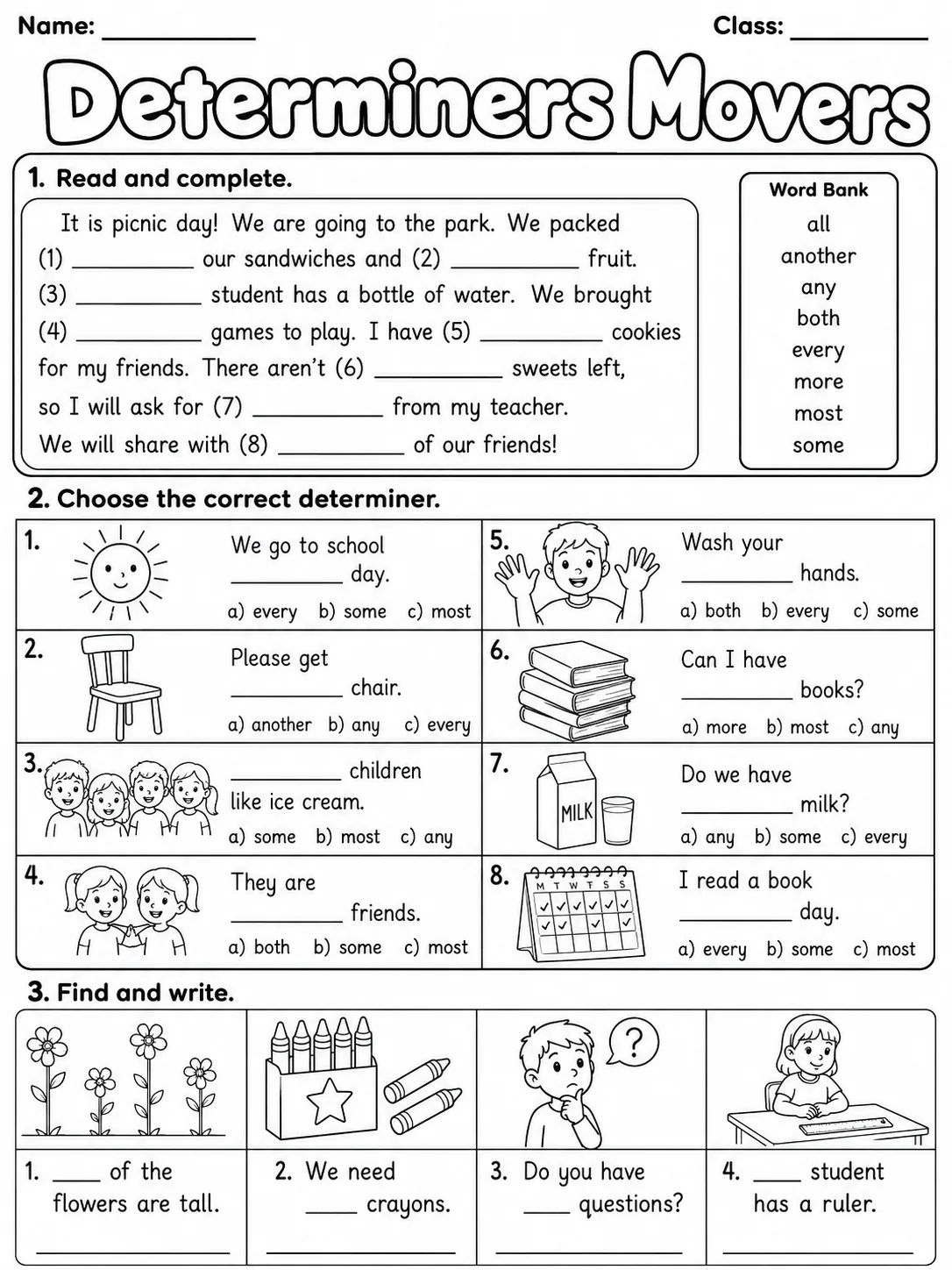 Determiners Movers Vocabulary Worksheet Pack page 5 printable worksheet preview