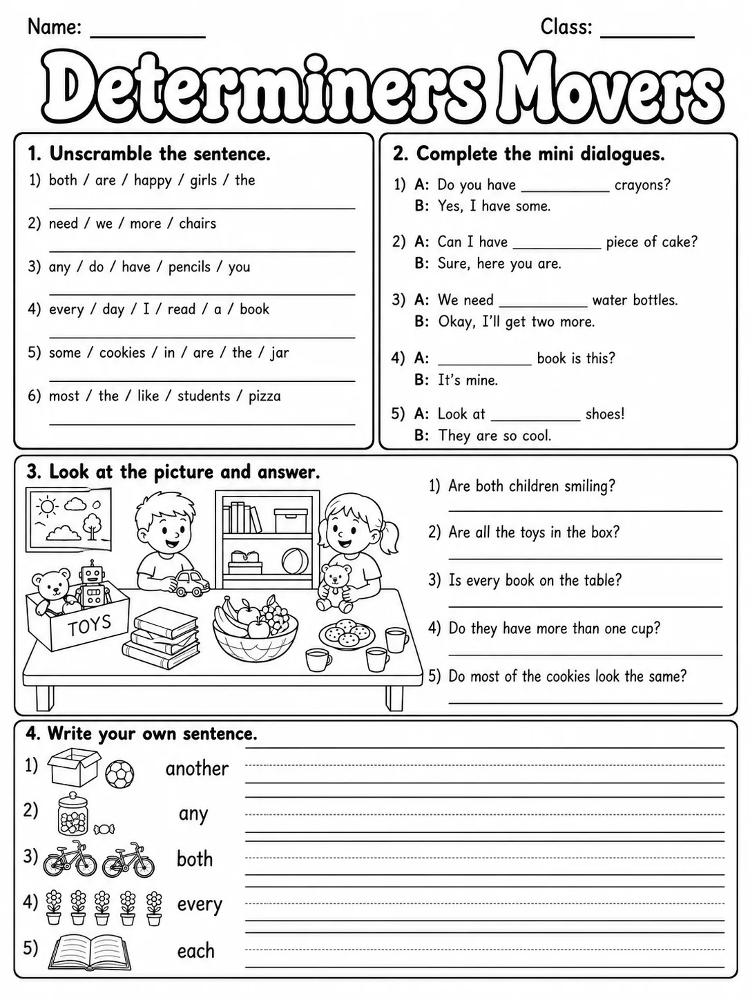Determiners Movers Vocabulary Worksheet Pack page 6 printable worksheet preview