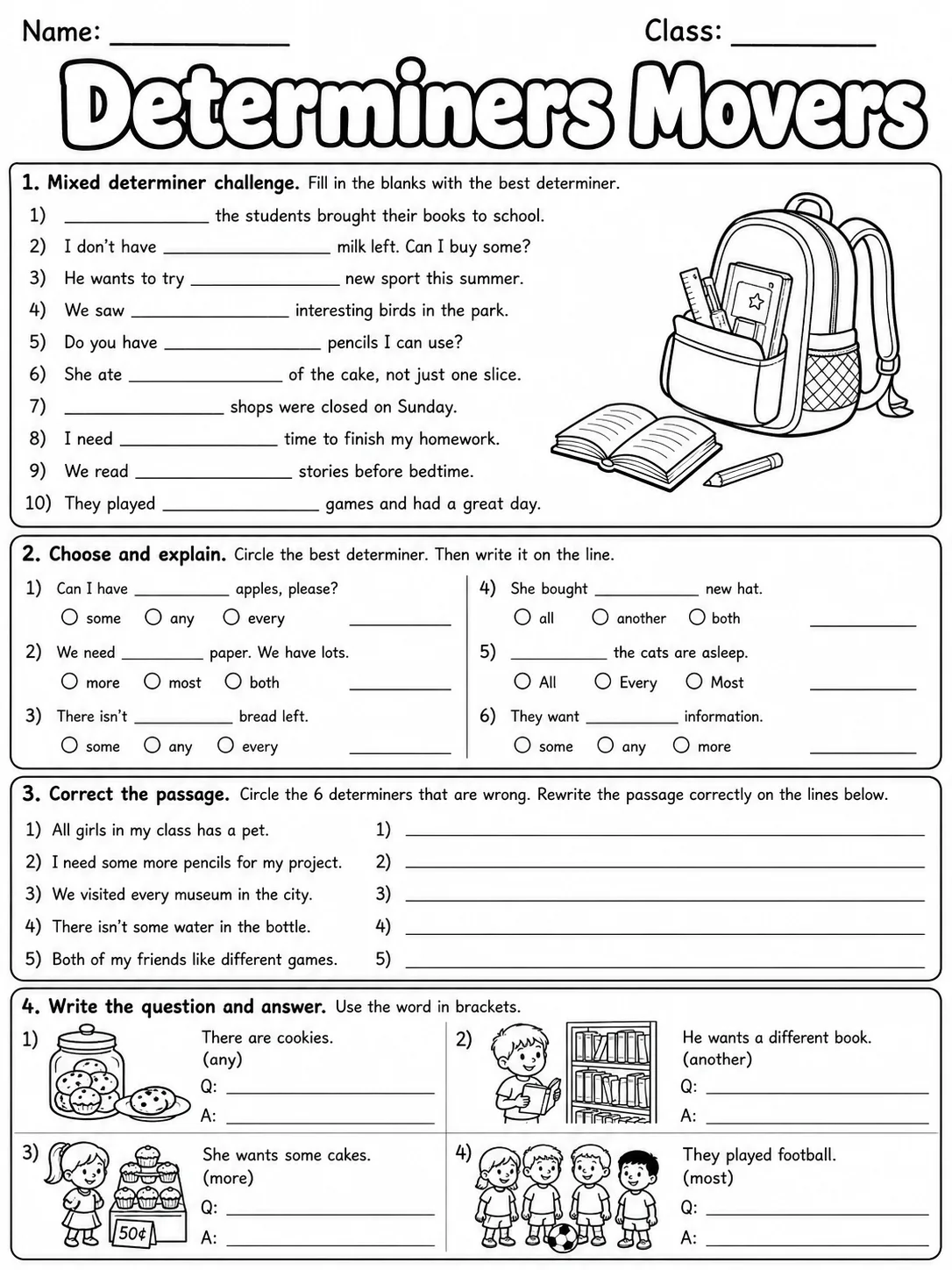 Determiners Movers Vocabulary Worksheet Pack page 9 printable worksheet preview