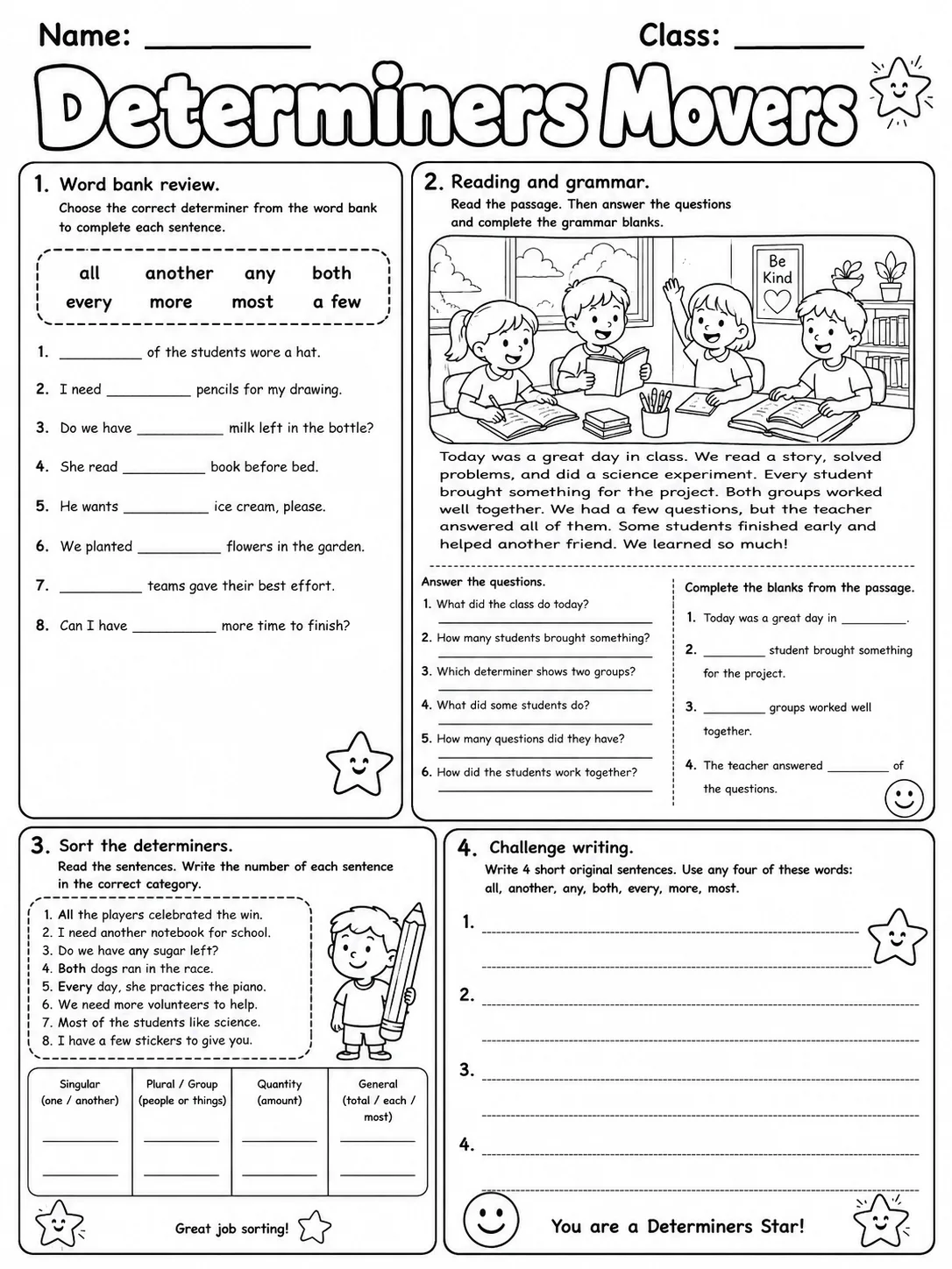 Determiners Movers Vocabulary Worksheet Pack page 10 printable worksheet preview