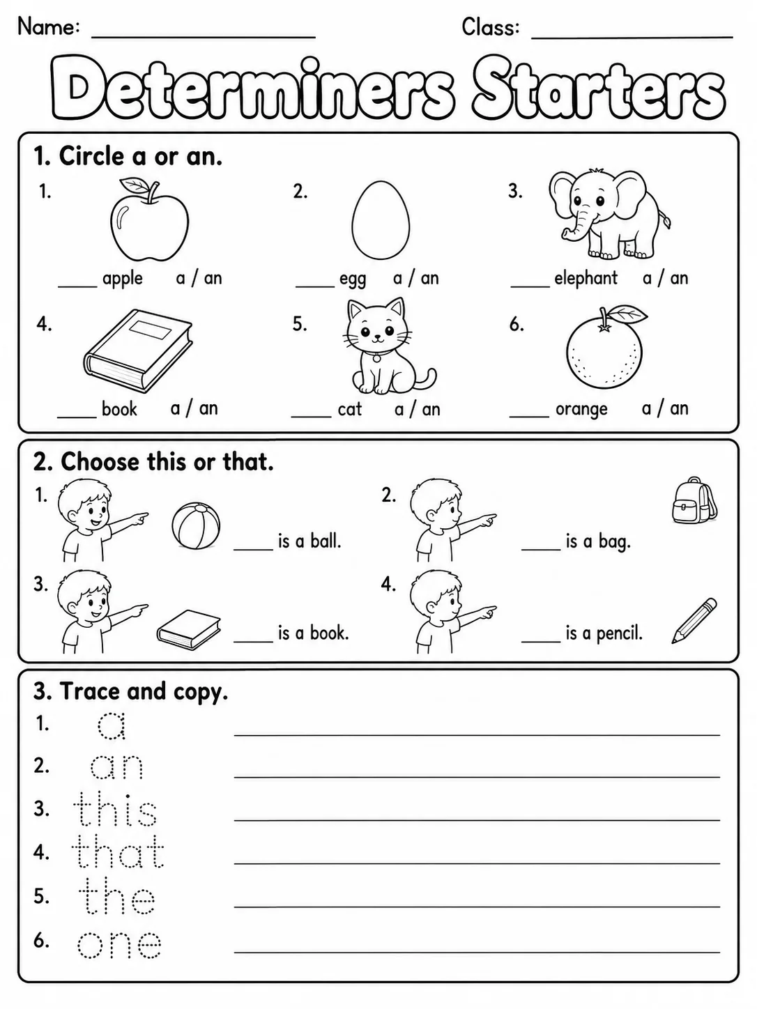 Determiners Starters Vocabulary Worksheet Pack printable Starters English worksheet bundle preview from KiwiBee