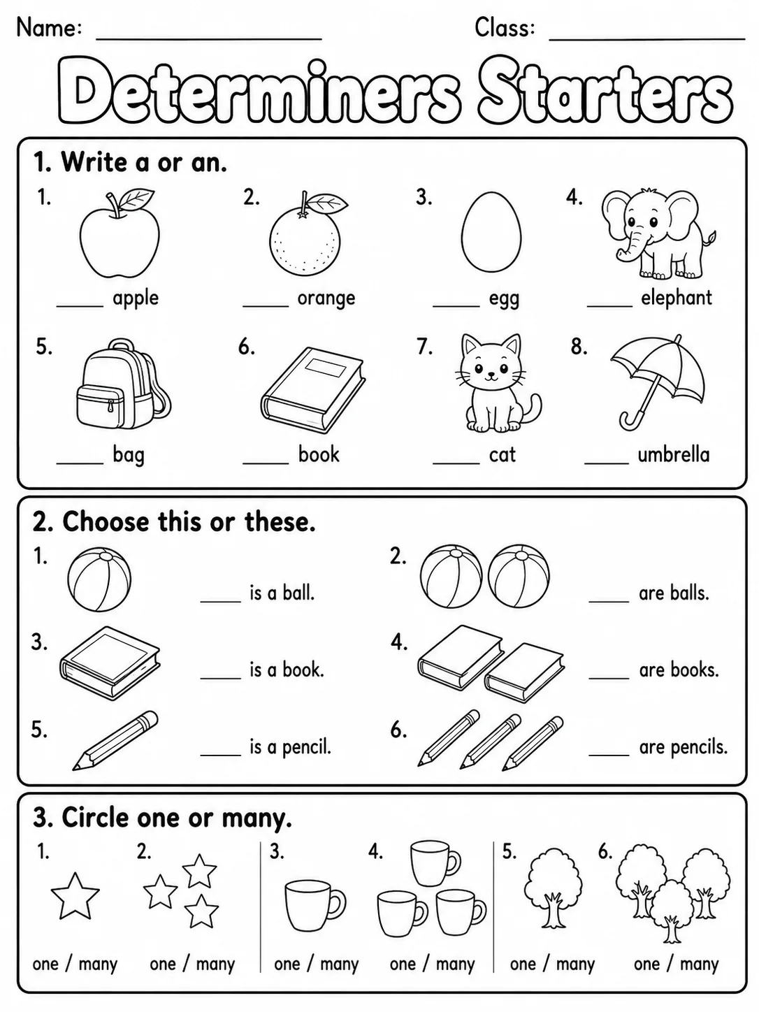 Determiners Starters Vocabulary Worksheet Pack page 2 printable worksheet preview