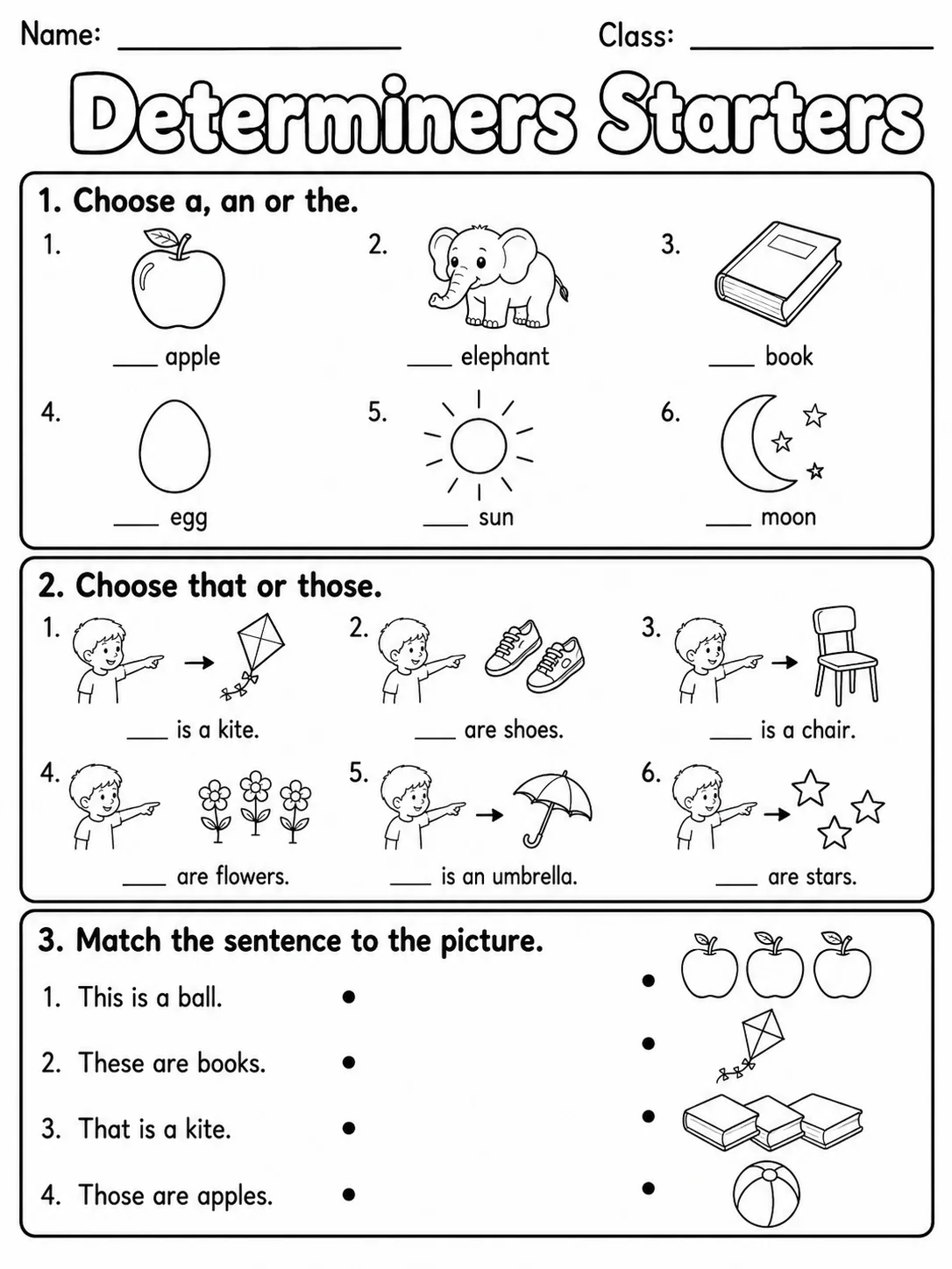 Determiners Starters Vocabulary Worksheet Pack page 3 printable worksheet preview