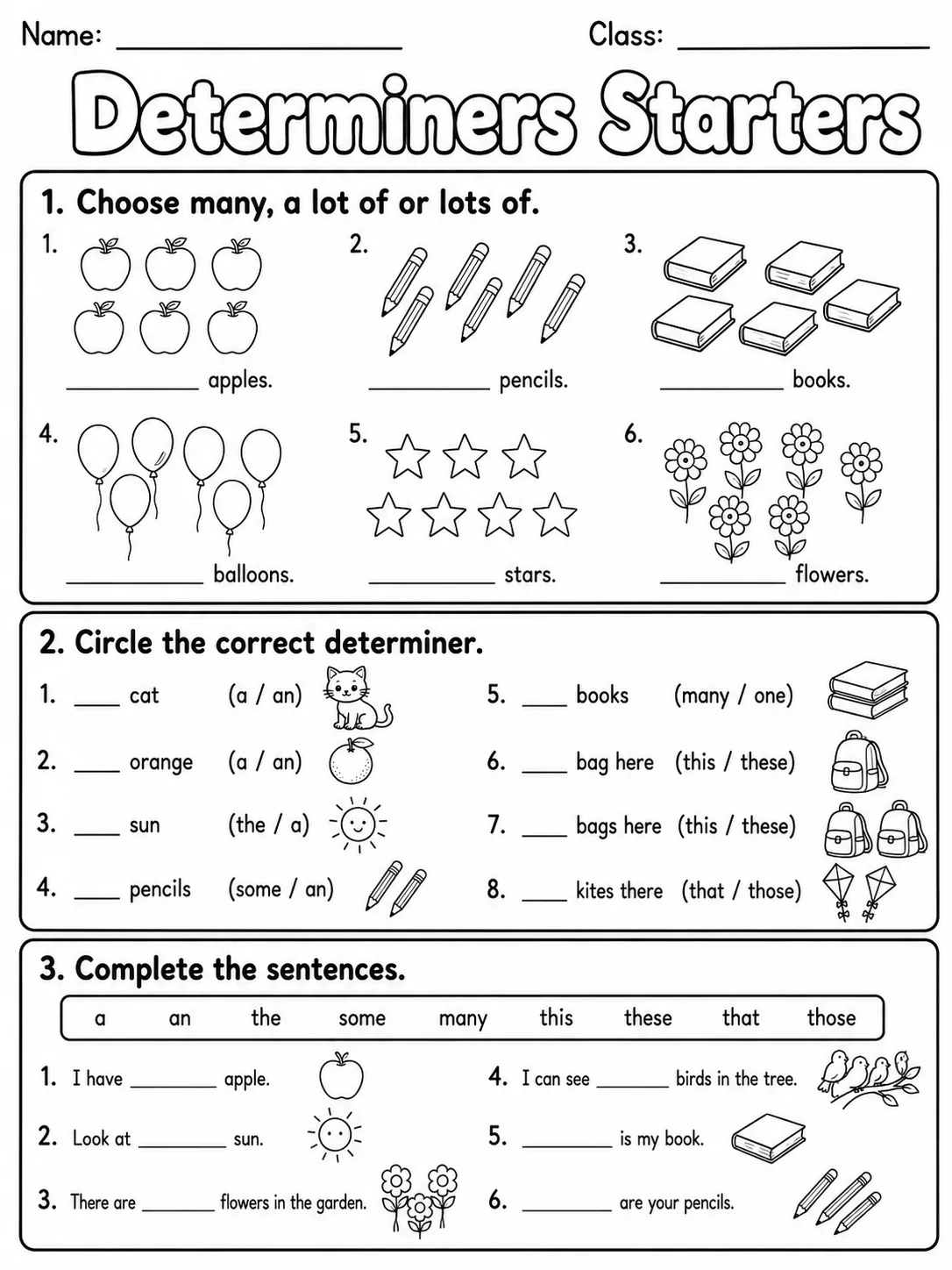 Determiners Starters Vocabulary Worksheet Pack page 5 printable worksheet preview