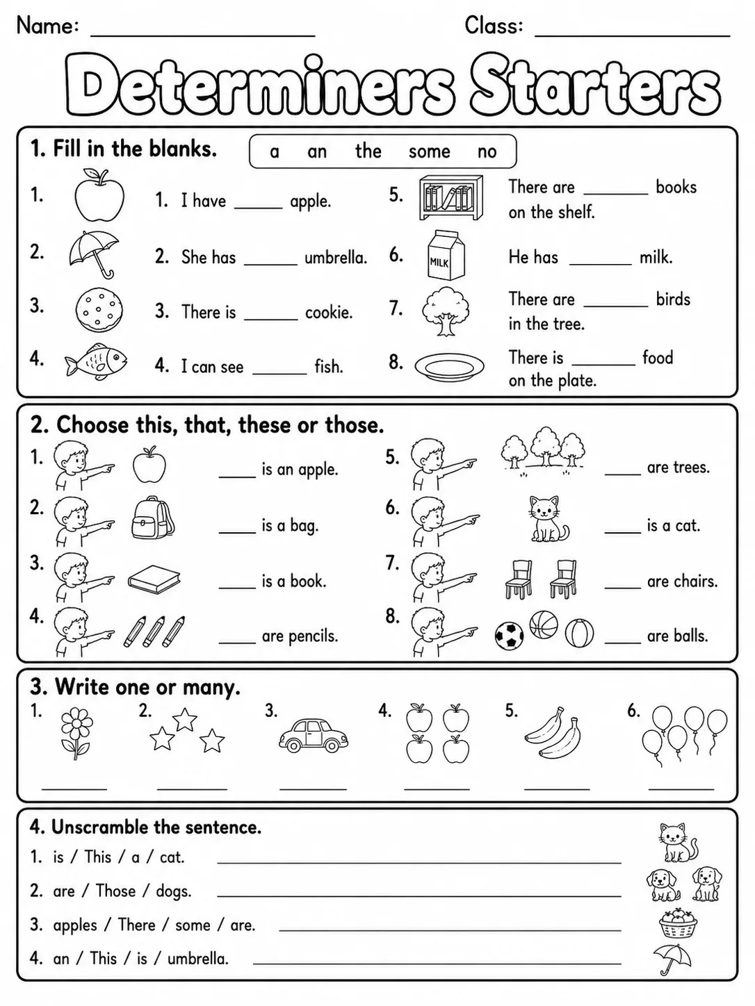 Determiners Starters Vocabulary Worksheet Pack page 6 printable worksheet preview