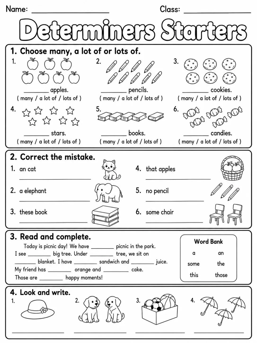 Determiners Starters Vocabulary Worksheet Pack page 7 printable worksheet preview