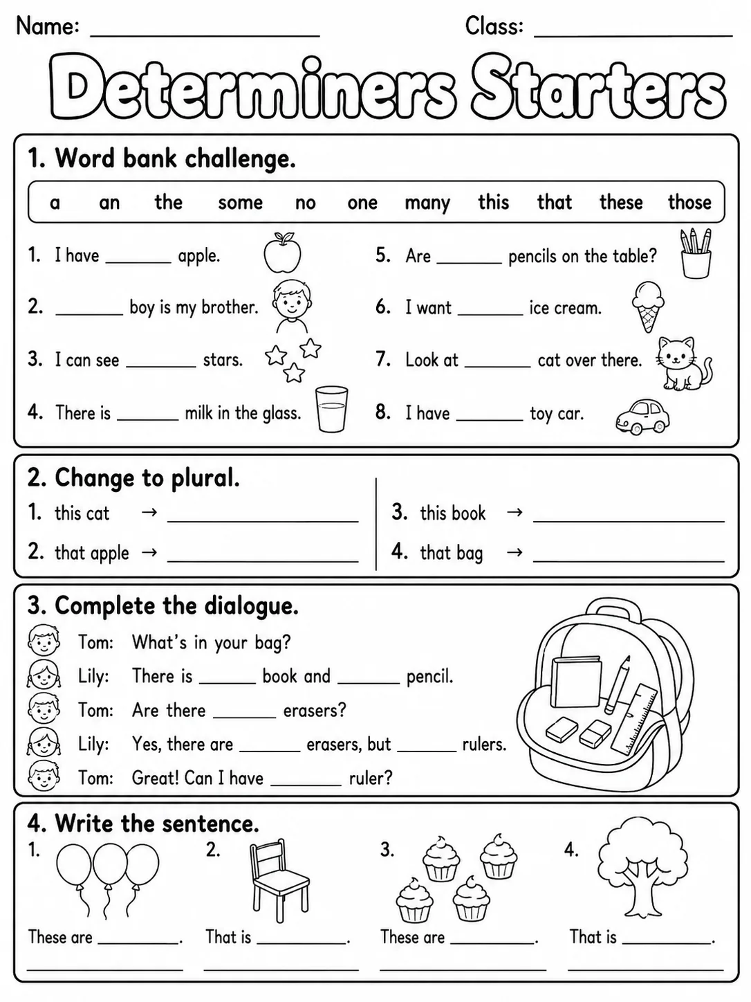 Determiners Starters Vocabulary Worksheet Pack page 8 printable worksheet preview