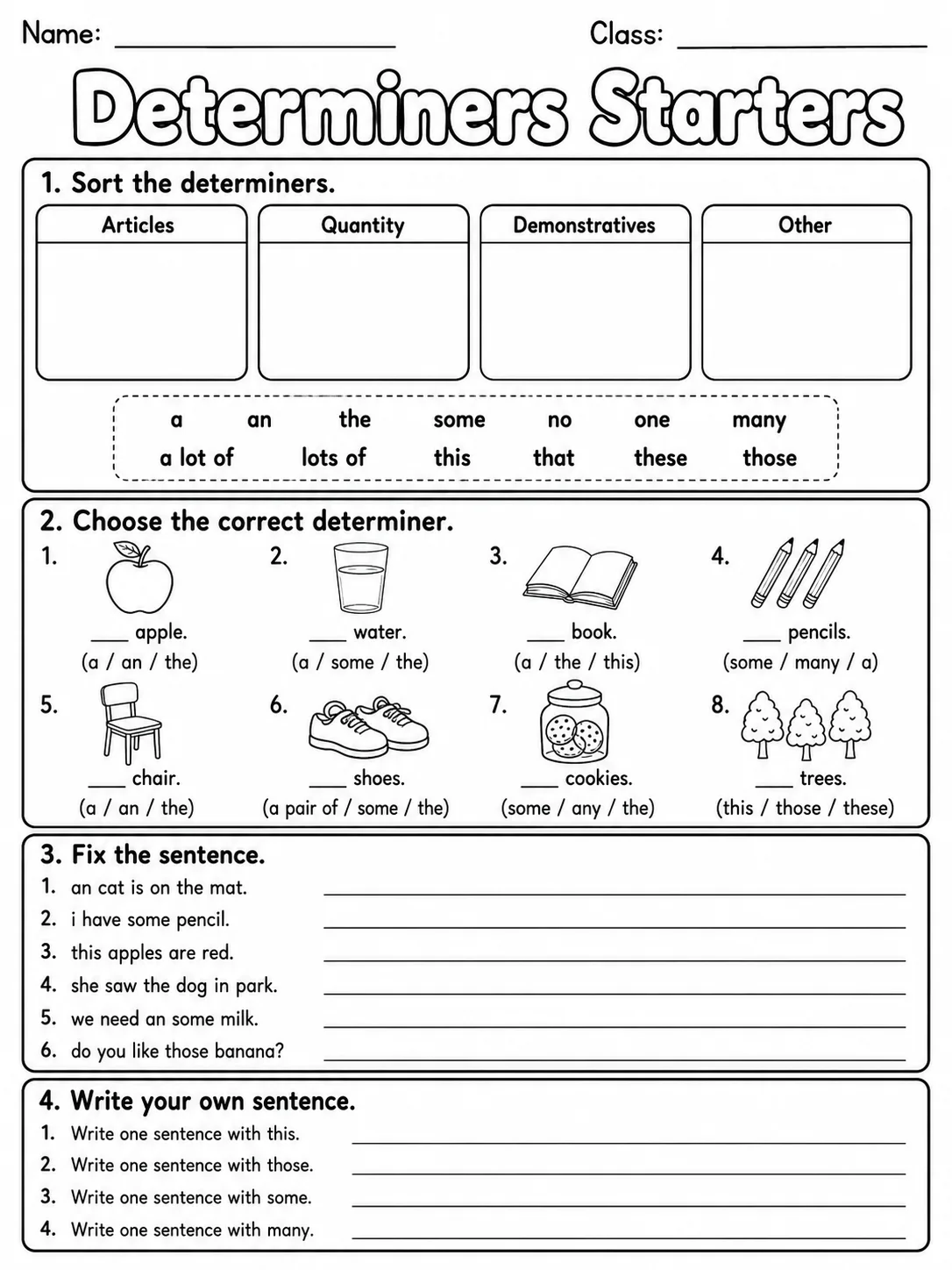 Determiners Starters Vocabulary Worksheet Pack page 9 printable worksheet preview
