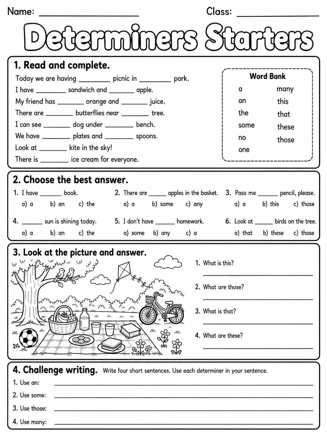 Determiners Starters Vocabulary Worksheet Pack page 10 printable worksheet preview