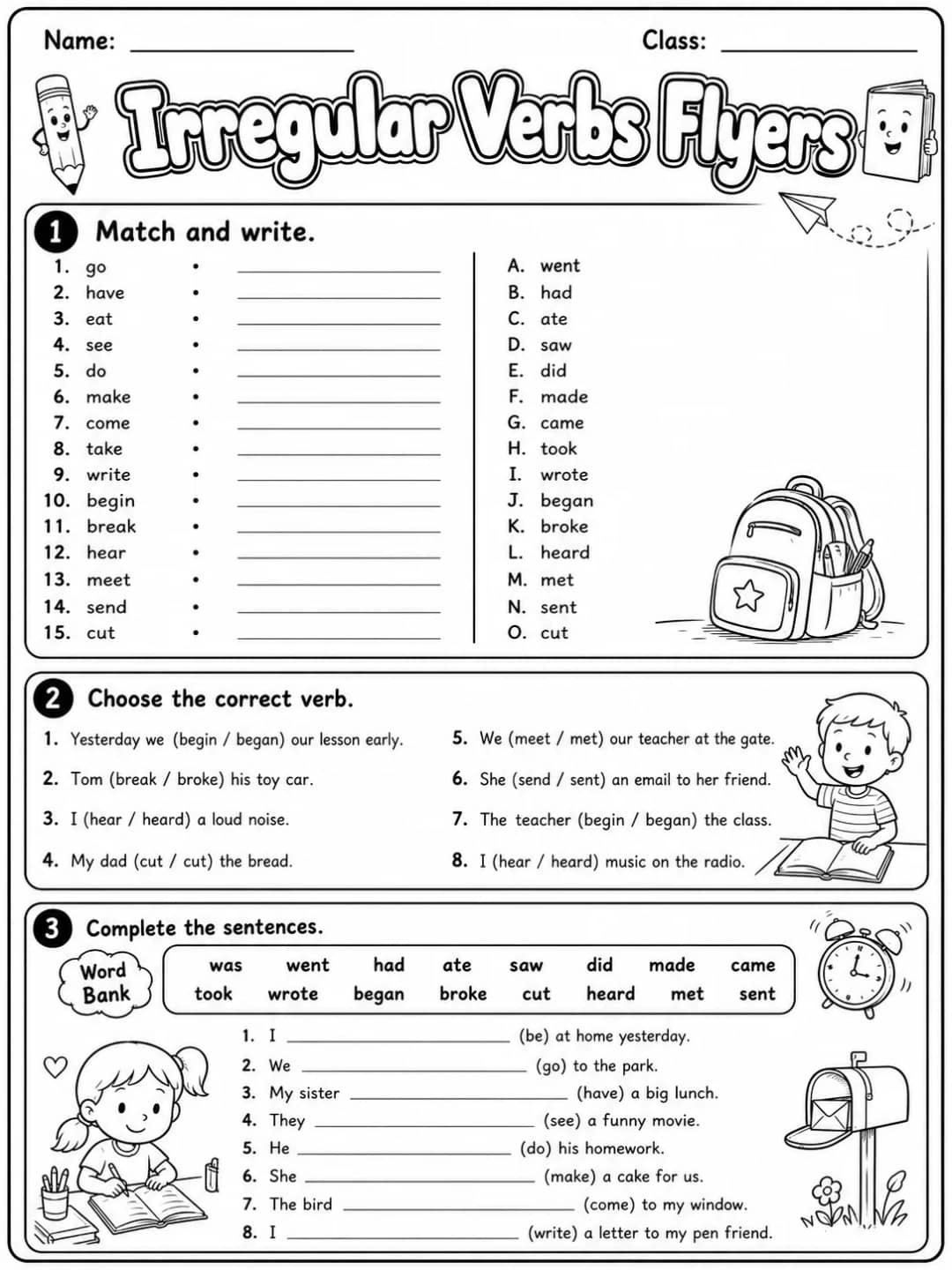 Irregular Verbs Flyers Vocabulary Worksheet Pack printable Flyers English worksheet pack preview from KiwiBee