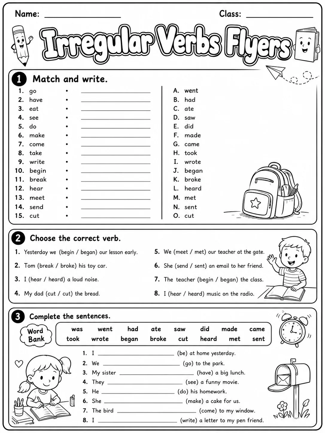 Irregular Verbs Flyers Vocabulary Worksheet Pack printable Flyers English worksheet bundle preview from KiwiBee