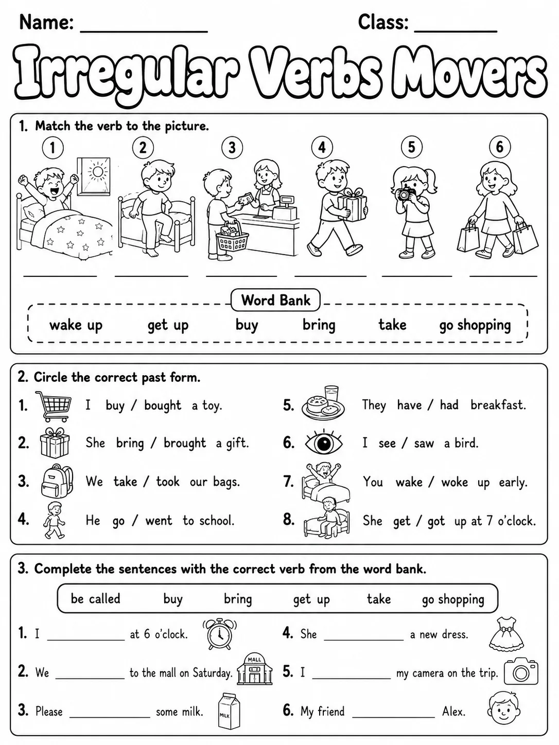Irregular Verbs Movers Vocabulary Worksheet Pack printable Movers English worksheet bundle preview from KiwiBee