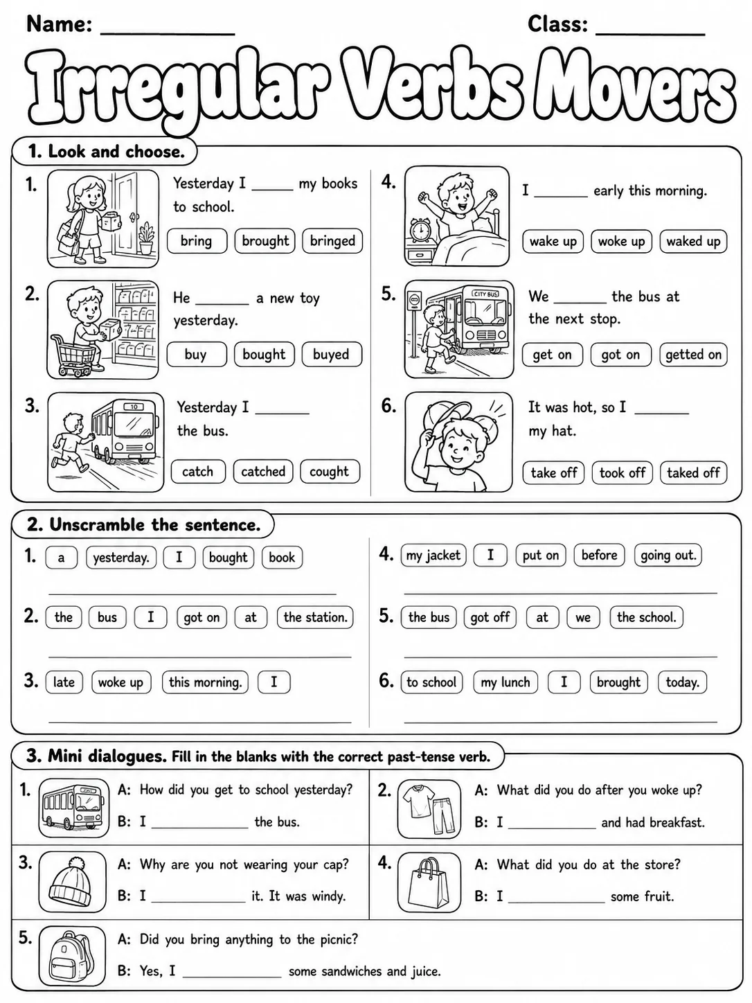 Irregular Verbs Movers Vocabulary Worksheet Pack page 2 printable worksheet preview