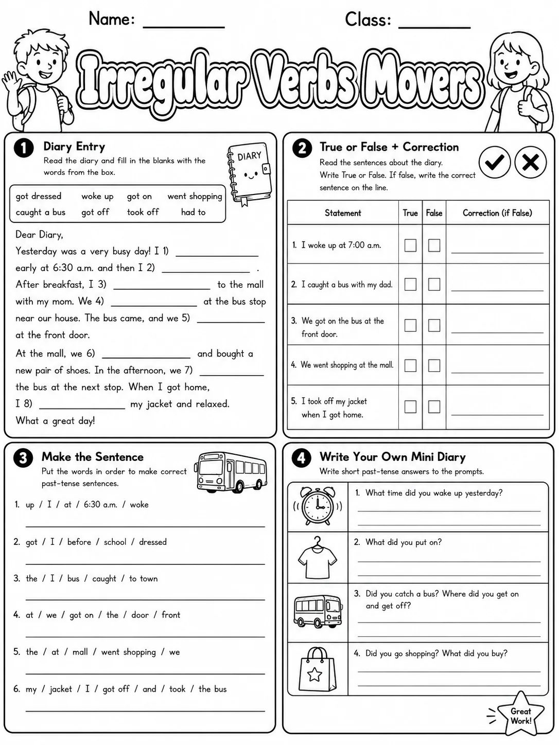 Irregular Verbs Movers Vocabulary Worksheet Pack page 8 printable worksheet preview