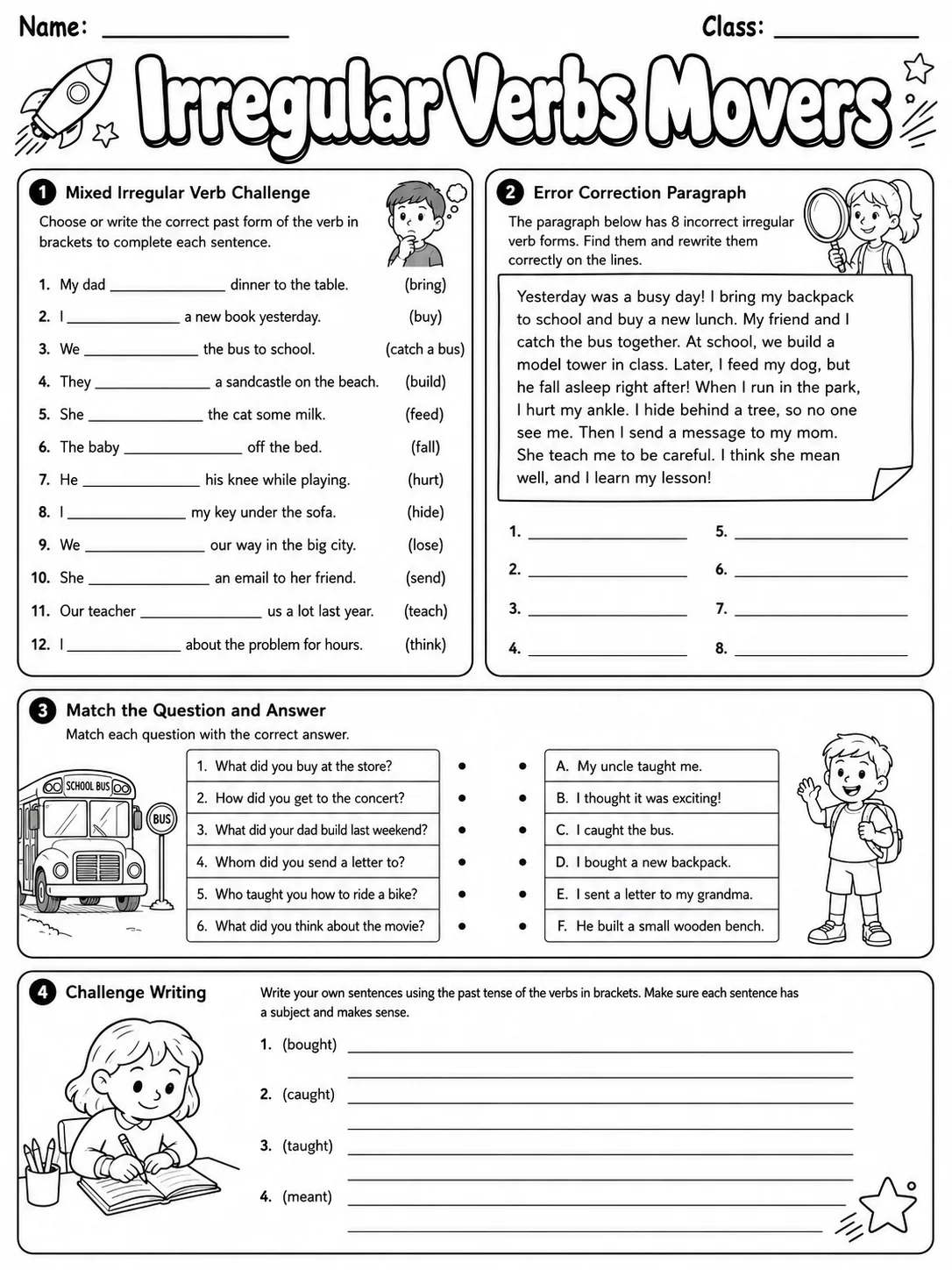 Irregular Verbs Movers Vocabulary Worksheet Pack page 9 printable worksheet preview