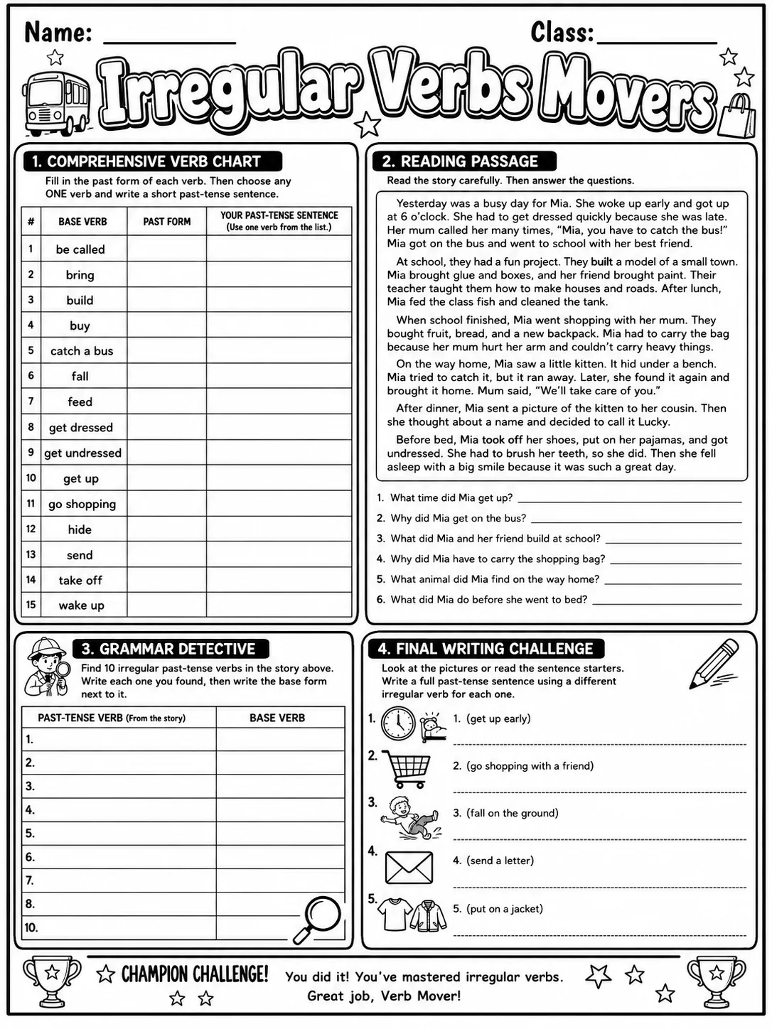 Irregular Verbs Movers Vocabulary Worksheet Pack page 10 printable worksheet preview