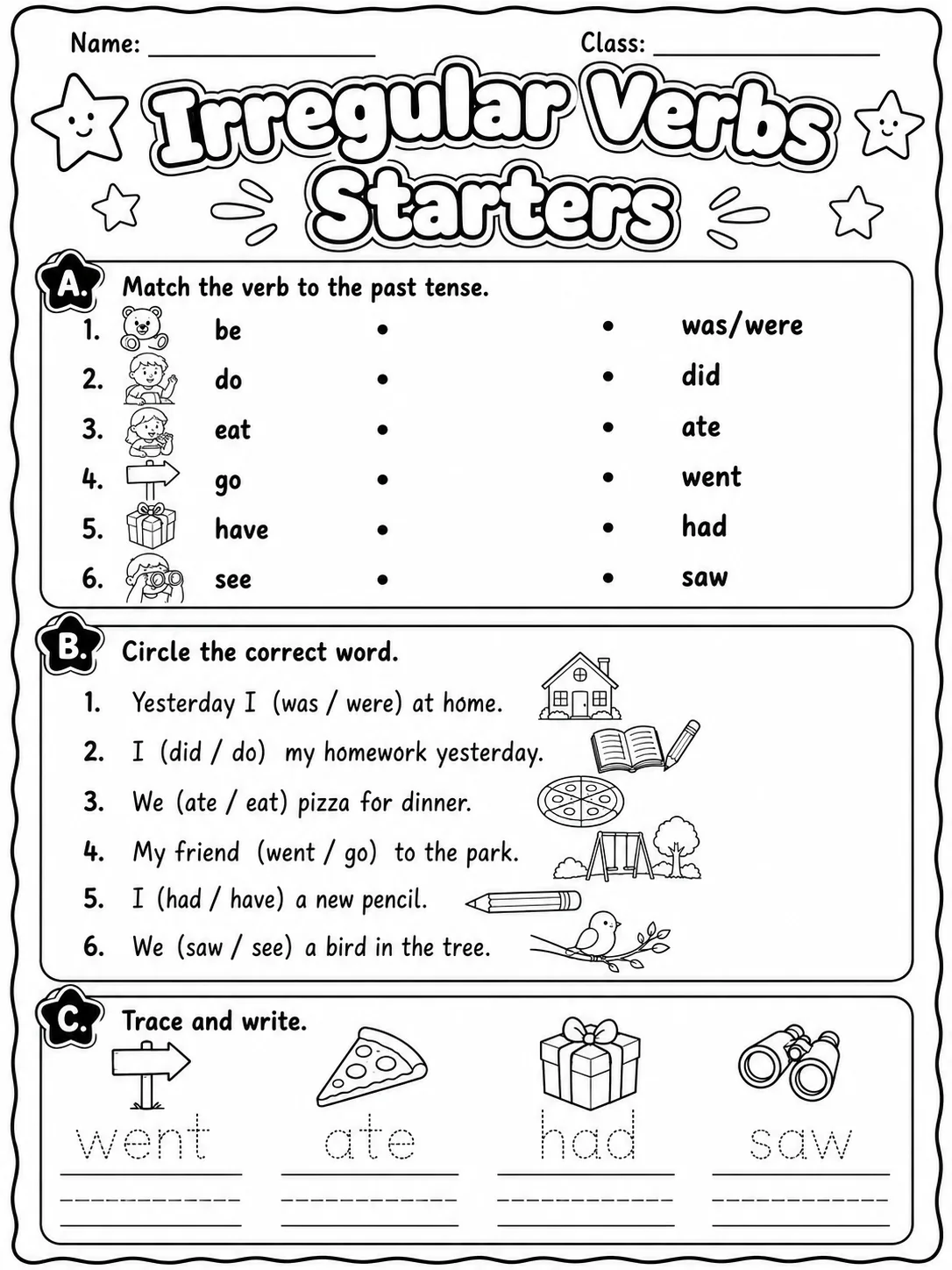 Irregular Verbs Starters Vocabulary Worksheet Pack printable Starters English worksheet bundle preview from KiwiBee