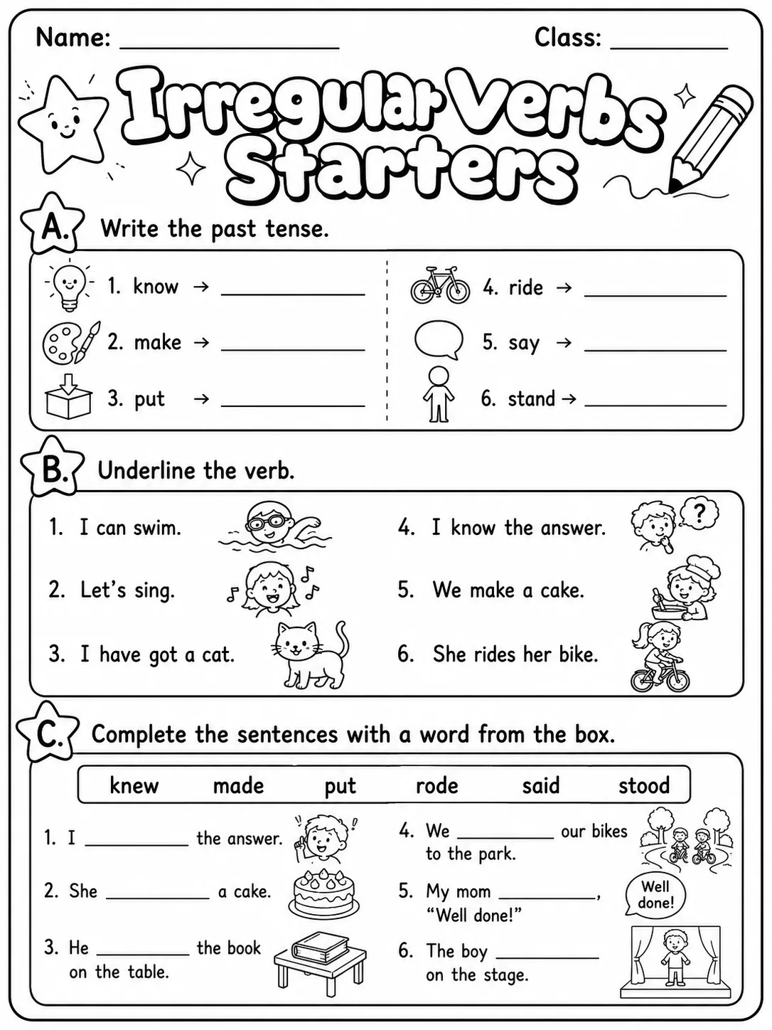 Irregular Verbs Starters Vocabulary Worksheet Pack page 4 printable worksheet preview
