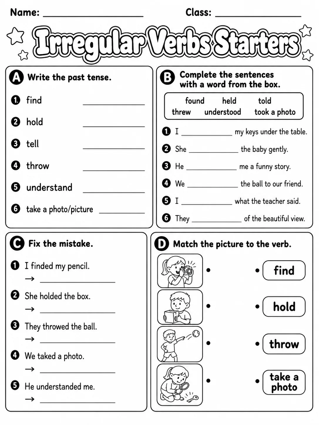 Irregular Verbs Starters Vocabulary Worksheet Pack page 6 printable worksheet preview