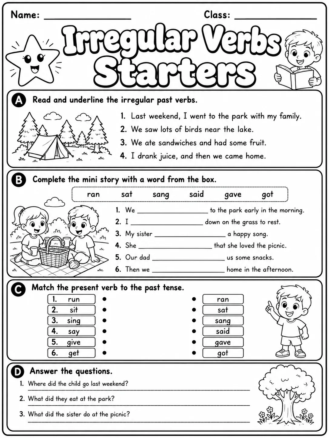 Irregular Verbs Starters Vocabulary Worksheet Pack page 7 printable worksheet preview