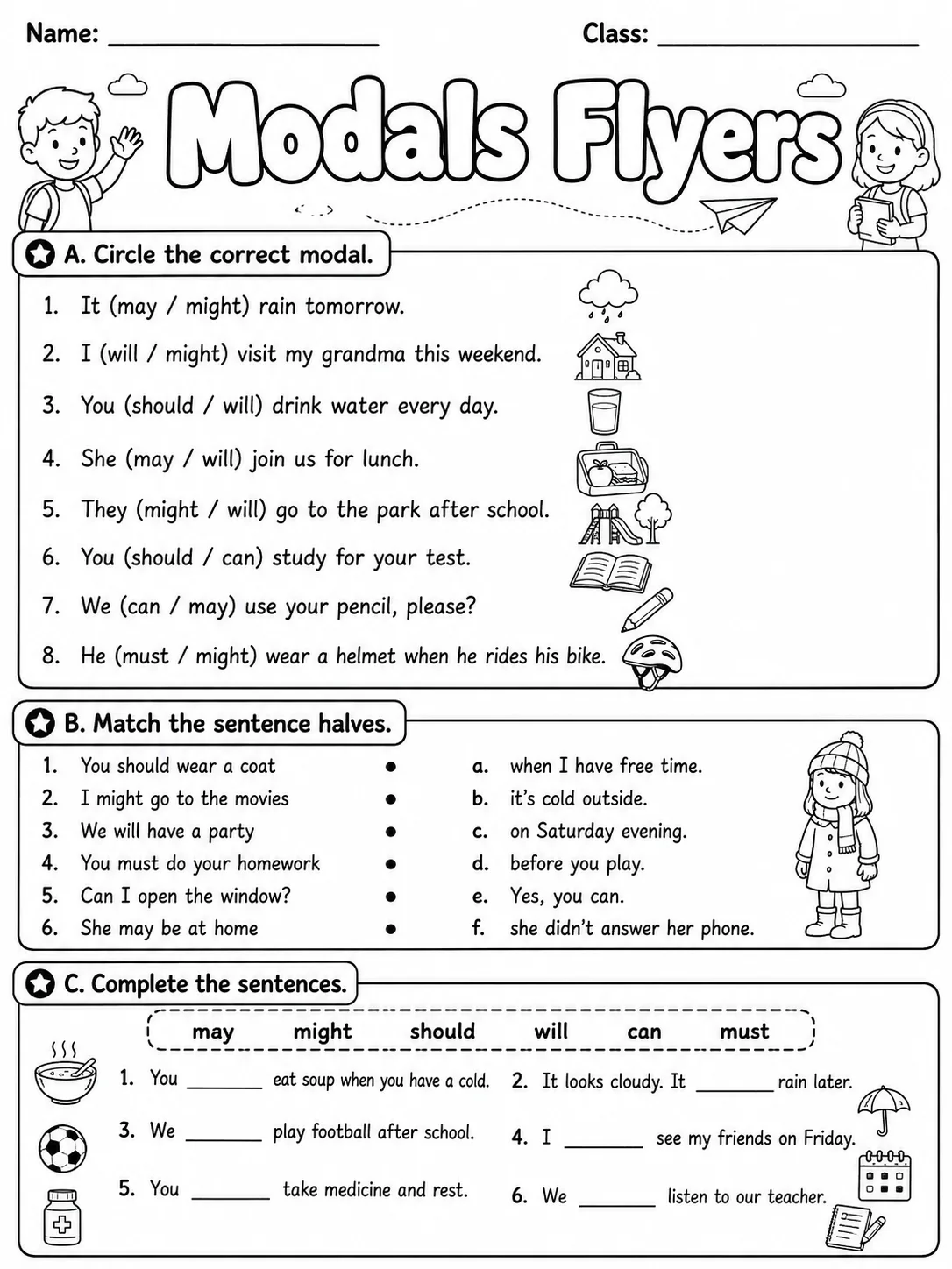 Modals Flyers Vocabulary Worksheet Pack printable Flyers English worksheet bundle preview from KiwiBee