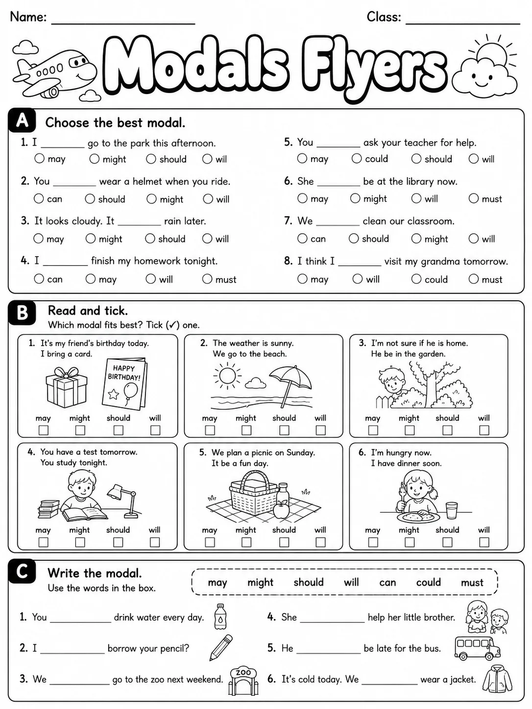 Modals Flyers Vocabulary Worksheet Pack page 2 printable worksheet preview