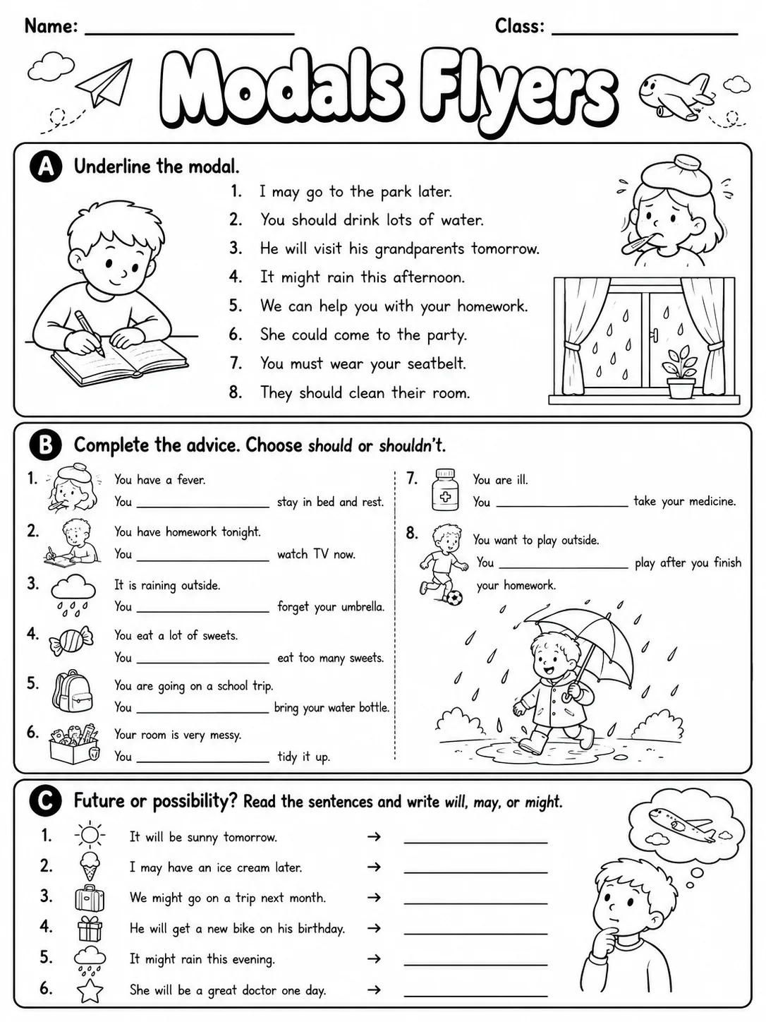 Modals Flyers Vocabulary Worksheet Pack page 3 printable worksheet preview