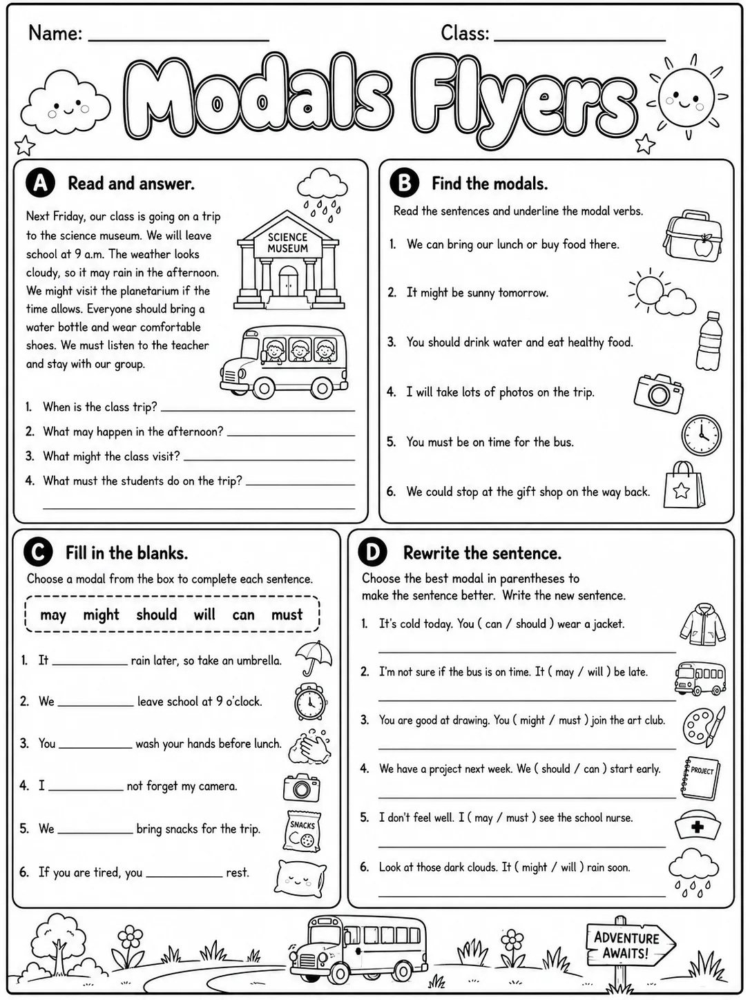 Modals Flyers Vocabulary Worksheet Pack page 5 printable worksheet preview
