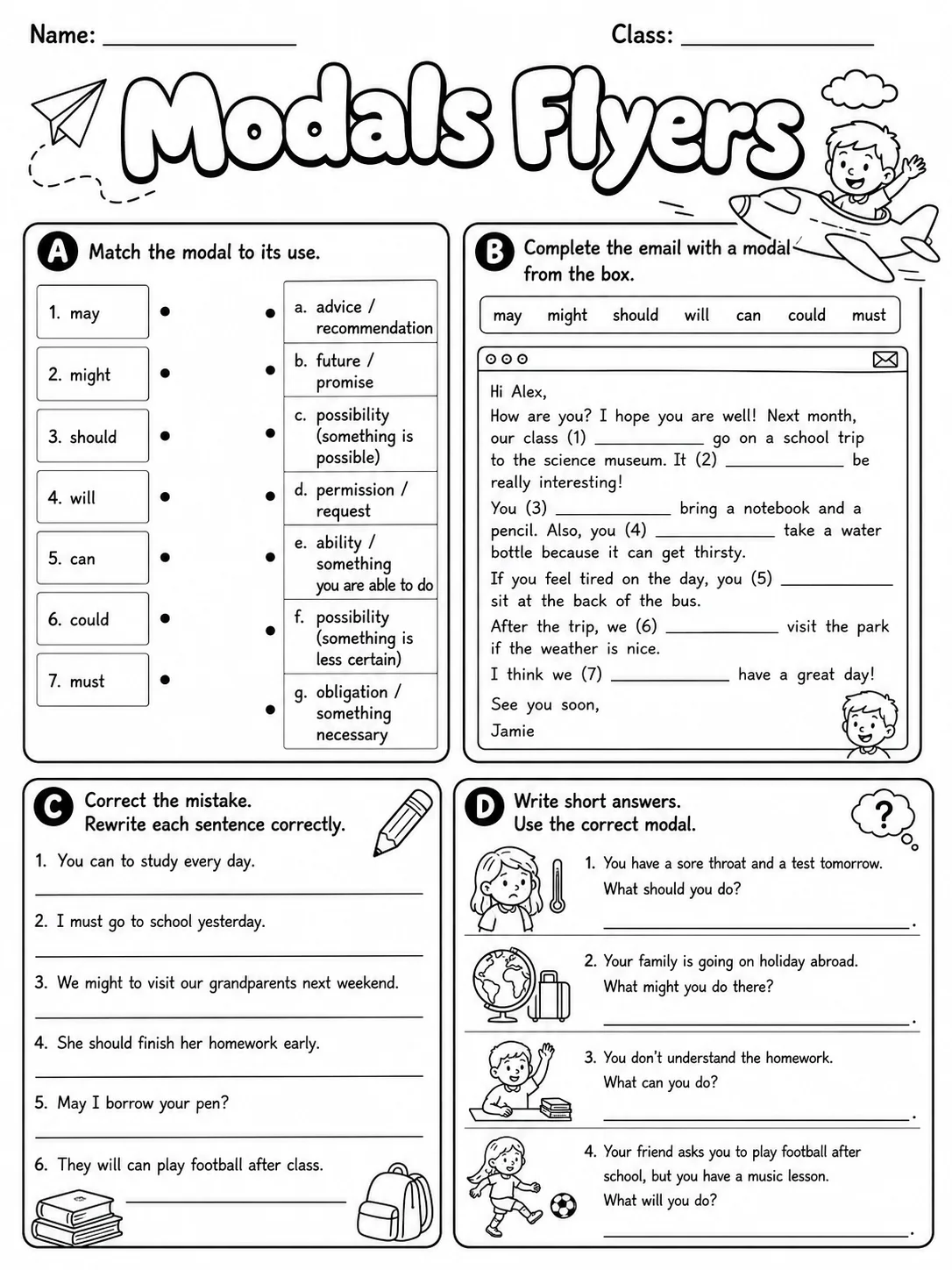 Modals Flyers Vocabulary Worksheet Pack page 6 printable worksheet preview