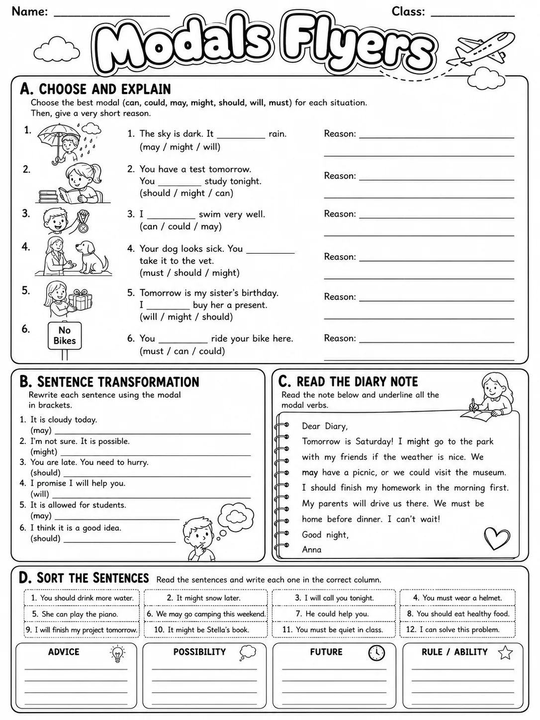 Modals Flyers Vocabulary Worksheet Pack page 7 printable worksheet preview