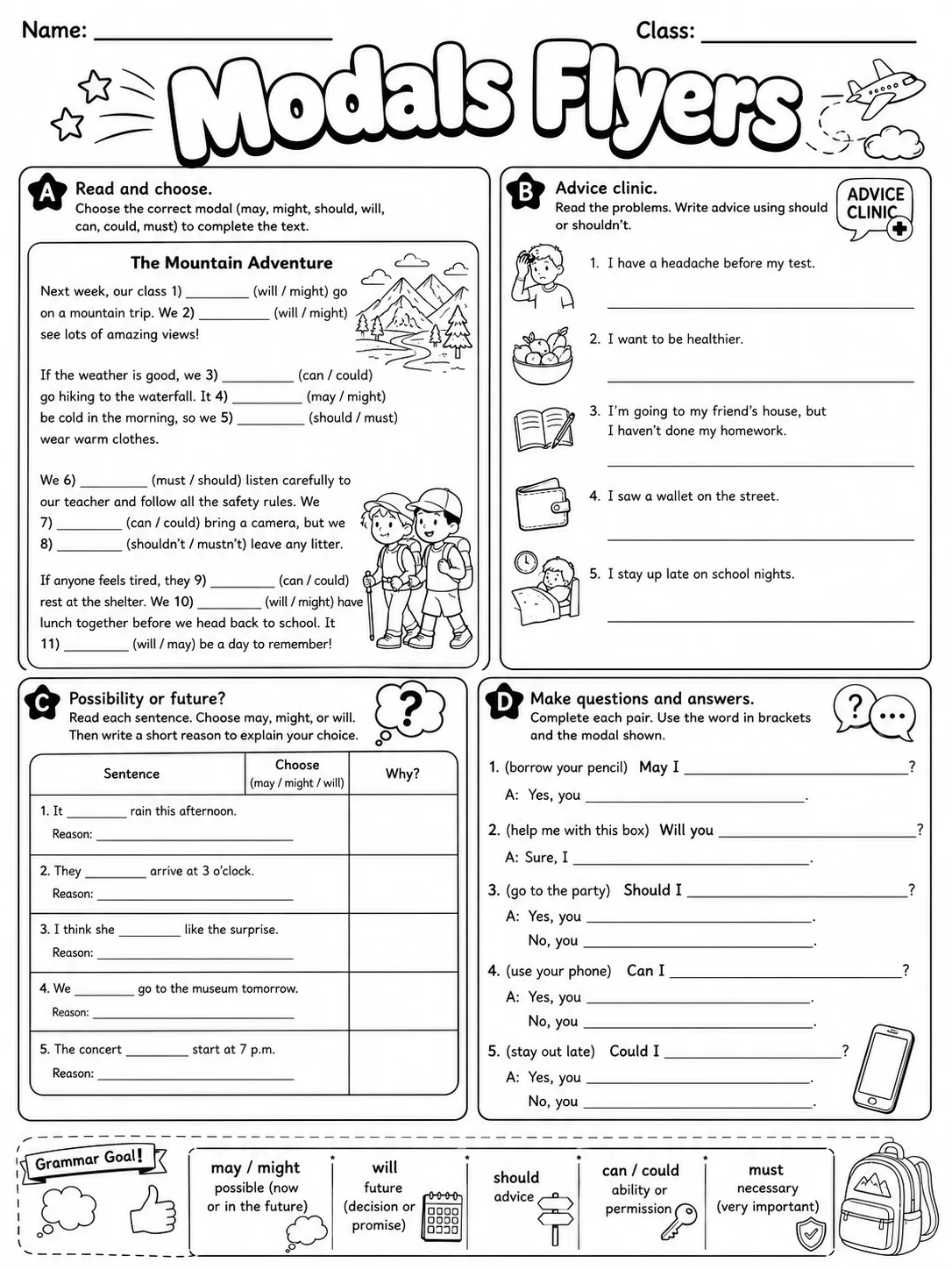 Modals Flyers Vocabulary Worksheet Pack page 8 printable worksheet preview