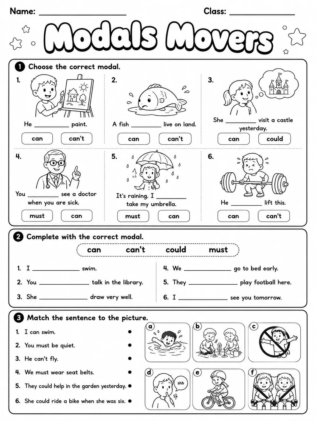 Modals Movers Vocabulary Worksheet Pack printable Movers English worksheet bundle preview from KiwiBee