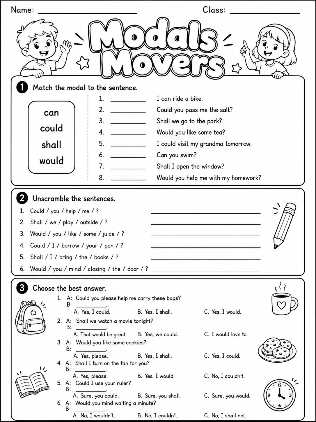 Modals Movers Vocabulary Worksheet Pack page 3 printable worksheet preview