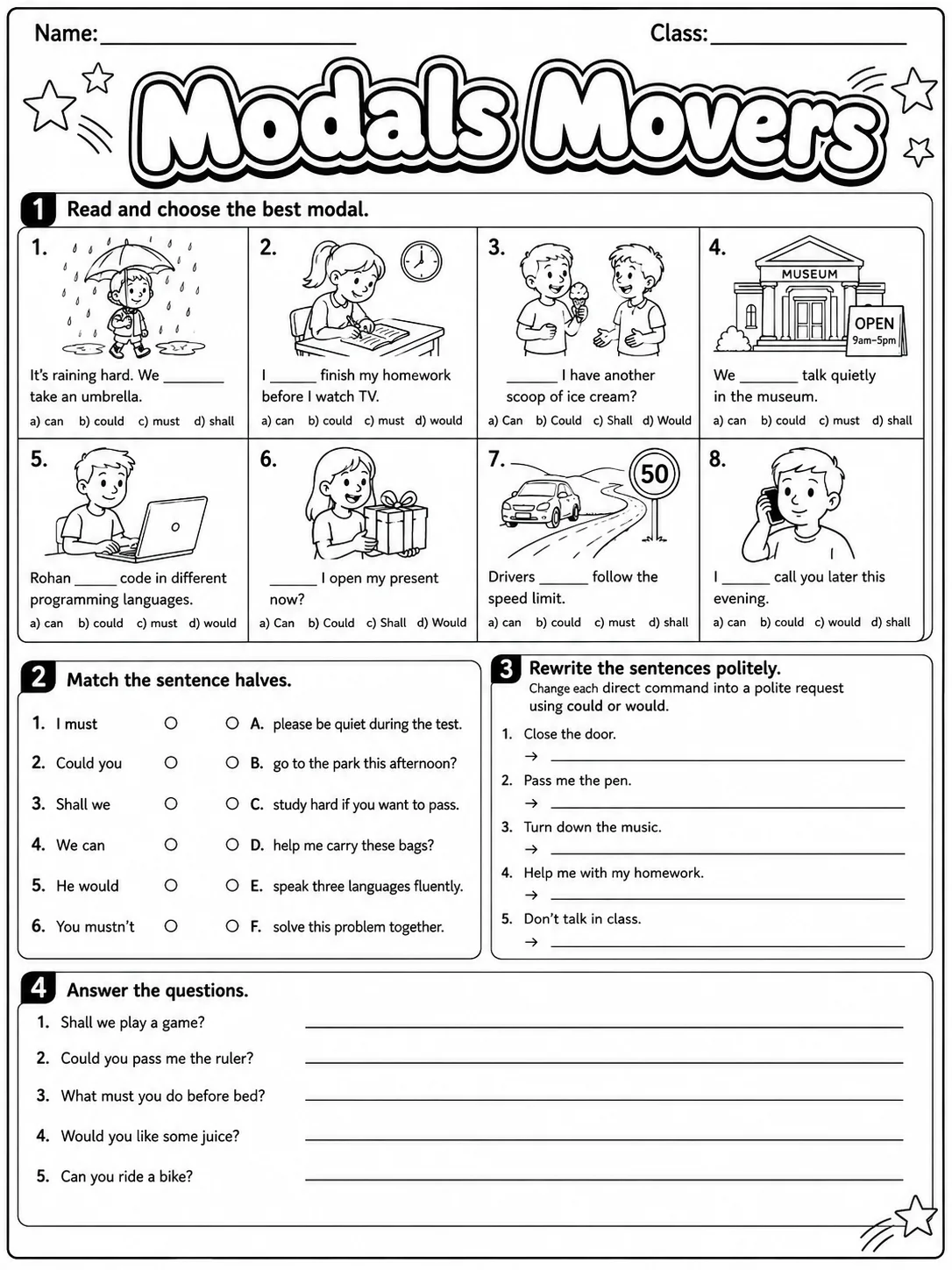 Modals Movers Vocabulary Worksheet Pack page 6 printable worksheet preview