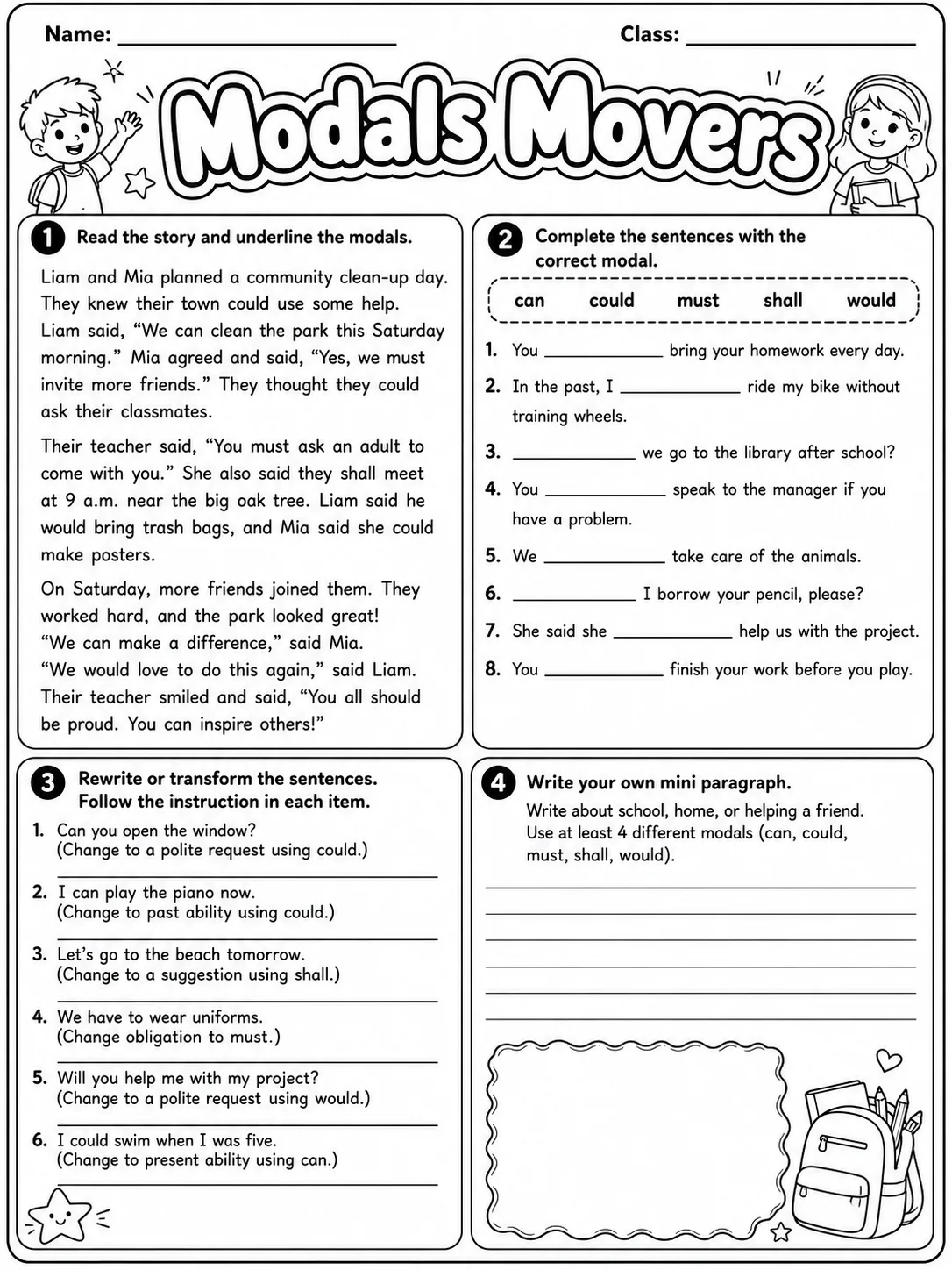 Modals Movers Vocabulary Worksheet Pack page 10 printable worksheet preview