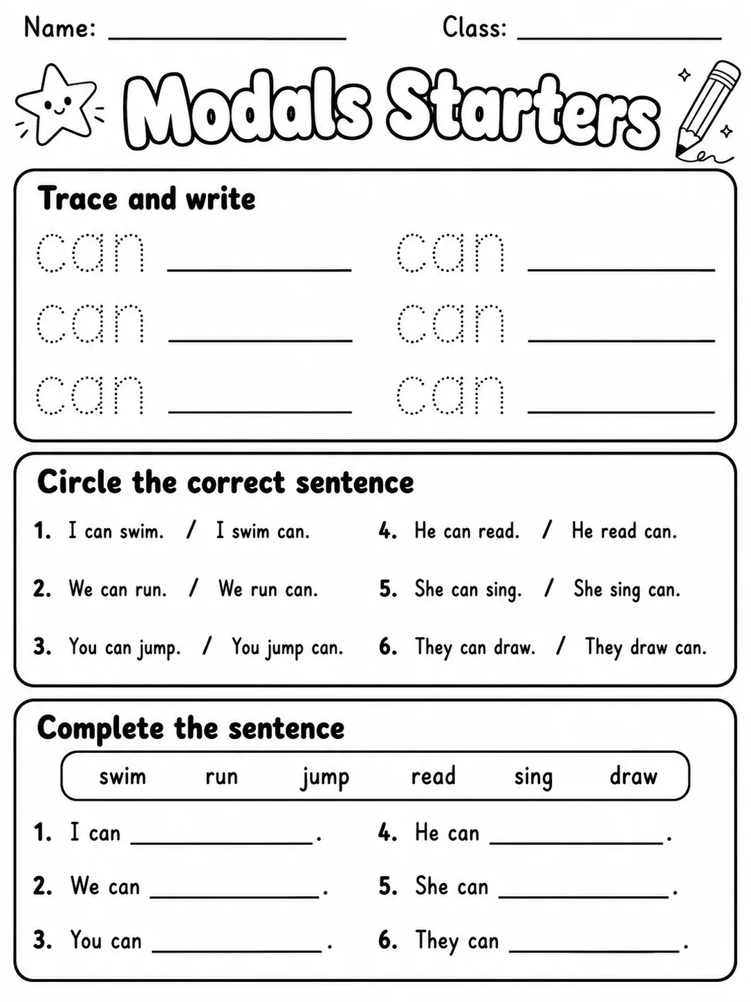 Modals Starters Vocabulary Worksheet Pack printable Starters English worksheet bundle preview from KiwiBee