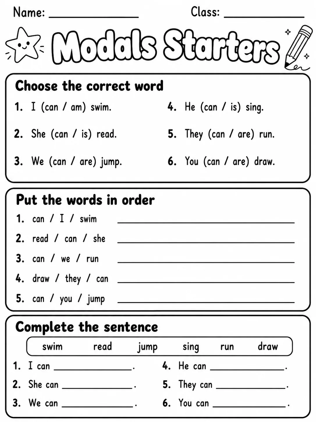 Modals Starters Vocabulary Worksheet Pack page 3 printable worksheet preview